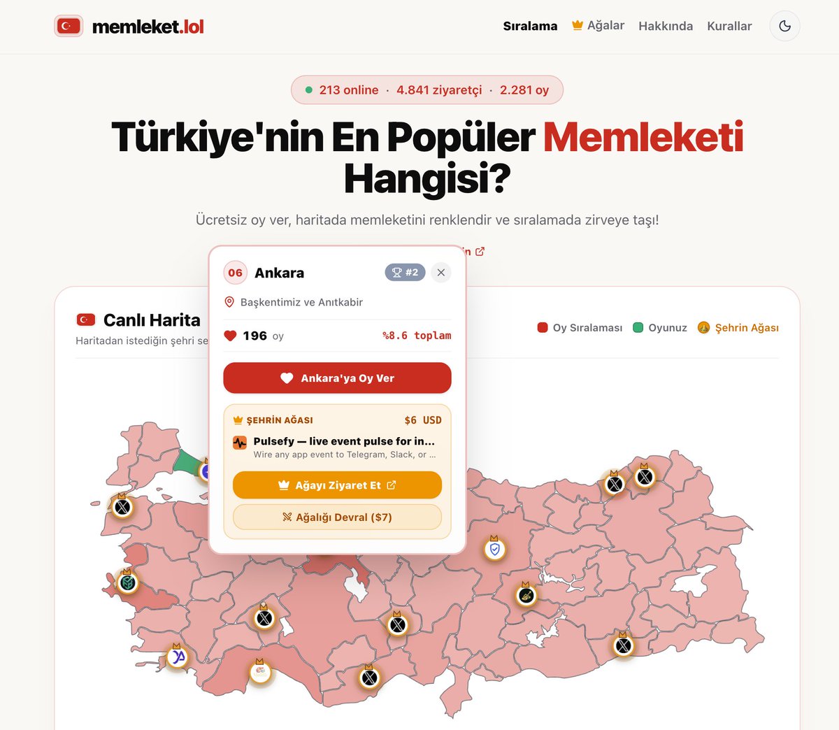 sezeriltekin's tweet photo. bu basit proje beklediğimden çok ilgi gördü 🚀

- online kullanıcı sayısı 200-250 arasında değişiyor
- 13 şehrin ağası var
- izmir'in ağalığı 21 USD'ye çıktı 💰
- artık harita tıklamalarında şehir kartını açıp, şehrin ağasını gösteriyor, oradan ziyaret edilebilmesini sağlıyorum https://t.co/9wnu9tdAgy