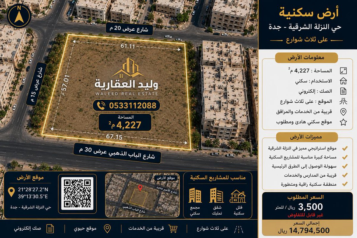Aljaadabi_W's tweet photo. فرصة استثمارية عقارية في مدينة جدة عروس البحر الاحمر
الارض تقع في حي النزلة الشرقية 
المساحة 4227 متر 
3500 للمتر غير قابل للتفاوض 
على ثلاث شوارع 
رخص البناء دور مواقف واربع ادوار متكرره وملحق 
للتواصل : 0533112088 https://t.co/MiHkkVplub