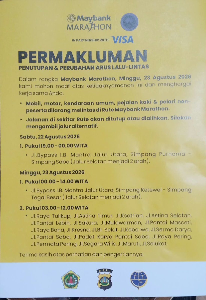 tmcbadung's tweet photo. Permakluman adanya rekayasa lalin dalam rangka kegiatan Maybank Marathon 2026 https://t.co/9A9rsM7GGc