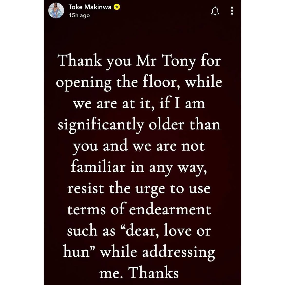 instablog9ja's tweet photo. If I’m older than you, resist the urge to address me as “dear”, “love”, or “hun” — Media personality Toke Makinwa warns https://t.co/wX7hNxTV0K