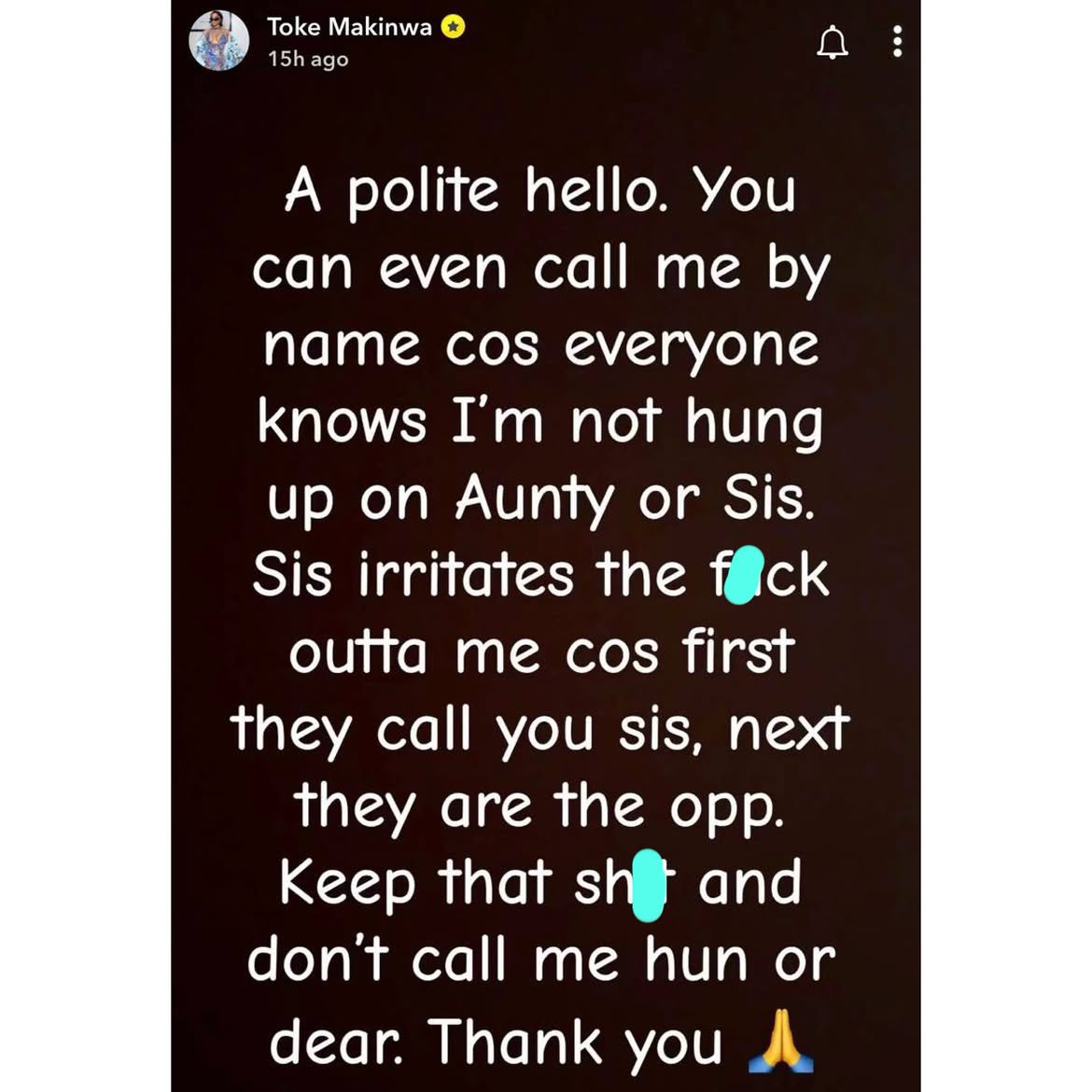 instablog9ja's tweet photo. If I’m older than you, resist the urge to address me as “dear”, “love”, or “hun” — Media personality Toke Makinwa warns https://t.co/wX7hNxTV0K