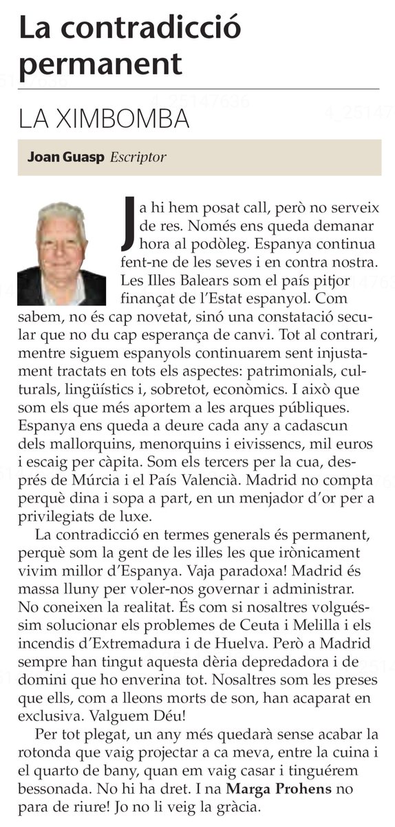 AssembSmallorcA's tweet photo. Joan Guasp: "Mentre siguem espanyols continuarem sent injustament tractats en tots els aspectes: patrimonials, culturals, lingüístics i, sobretot, econòmics."
UH, 22.8.2026 https://t.co/4VoTcbvja5