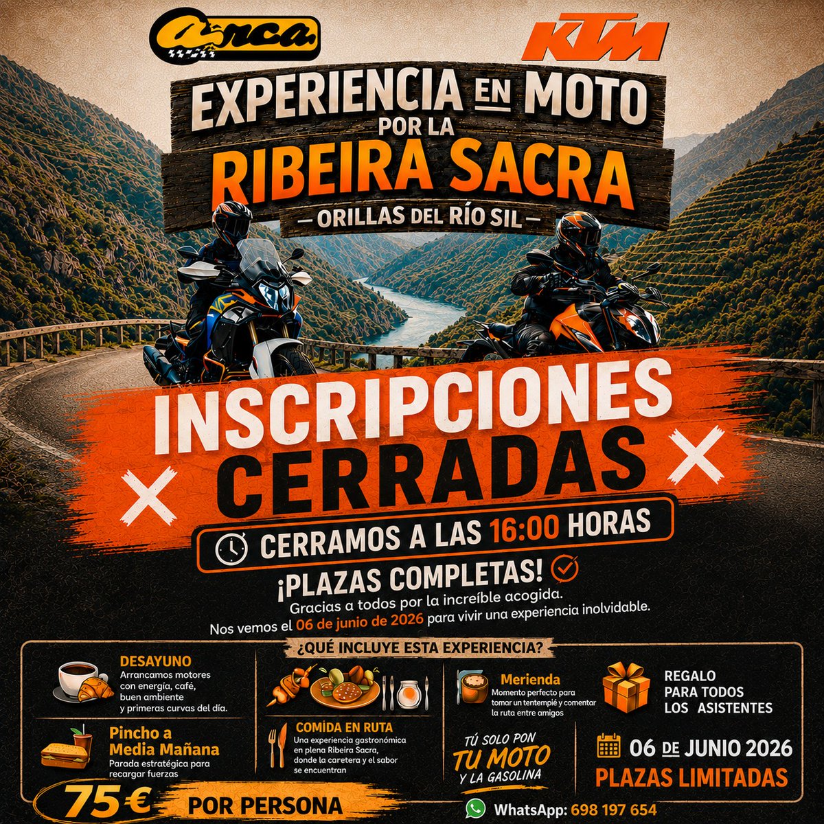 stevensdavid815's tweet photo. REGISTRATION CLOSED

Thank you to all KTM riders interested in this adventure. Today at 16:00, registration for the Ribeira Sacra Motorcycle Experience officially closes. Get ready for spectacular roads, unique landscapes, great food, camaraderie, https://t.co/umOn9fokNt