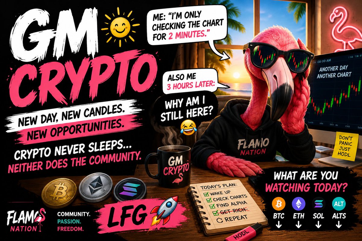FlamoUniverse's tweet photo. GM CRYPTO ☀️😂

Me: “I’m only checking the chart for 2 minutes.”

Also me 3 hours later:

👁️👄👁️
WHY AM I STILL HERE?

New day. New candles. New chaos. 🚀

What are you watching today? 👇

BTC / ETH / SOL / ALTS?

🦩 LFG. https://t.co/HzOFn2d6nJ