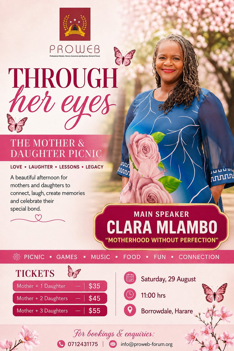 PROWEB2005's tweet photo. THROUGH HER EYES 🌸 | Mother &amp; Daughter Picnic
CLARA MLAMBO joins us for a very important conversation:
 “MOTHERHOOD WITHOUT PERFECTION”

Come ready to connect, reflect and share. 🌸
📲 Register: 071 243 1175
#ThroughHerEyes #MotherhoodWithoutPerfection #PROWEB https://t.co/YkphirRj7Y