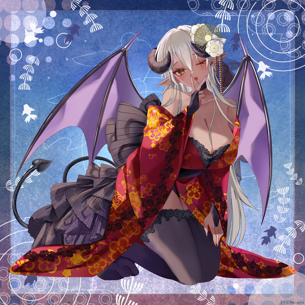 Jack_dawning's tweet photo. こちらは今年のTSサキュバス浴衣です

TSサキュバス浴衣ってなんだよ……！
提案くださったセナさんと無茶振りに応えてくれたMewさんはありがとうございます。なんですかこれ？

『Lost Arcadia』（C）ジャック/MewIL様/Re:version
https://t.co/pxKgjfh4iU https://t.co/3Xuj9V5M3H