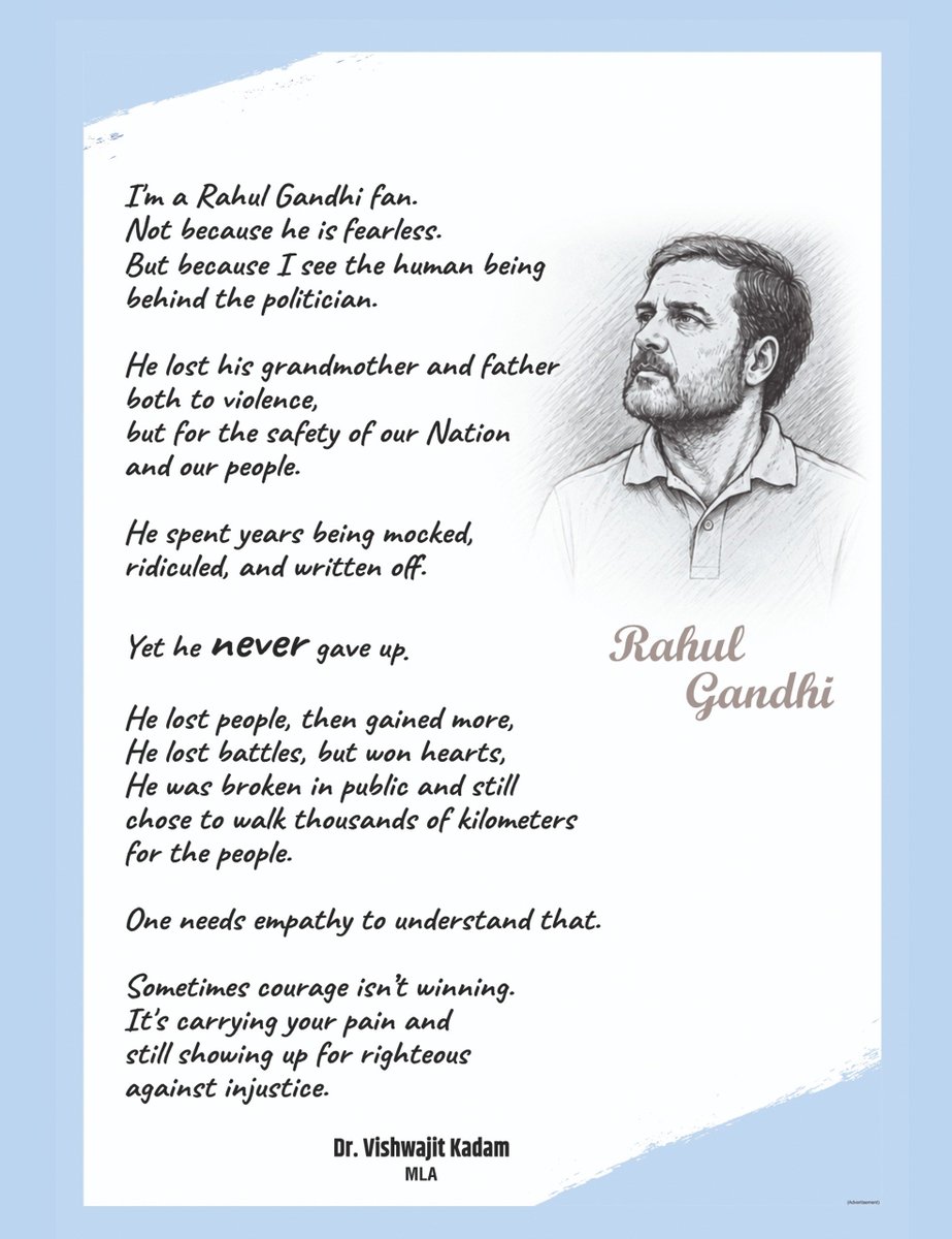vishwajeetkadam's tweet photo. I admire Hon. @rahulgandhi ji not because he is fearless, but because I see the compassionate human being behind the politician. 
Someone who has endured immense personal loss, criticism and setbacks, yet never stopped standing with the people 🤝

True courage is carrying your pain with dignity, and still choosing to stand up against injustice ❤️