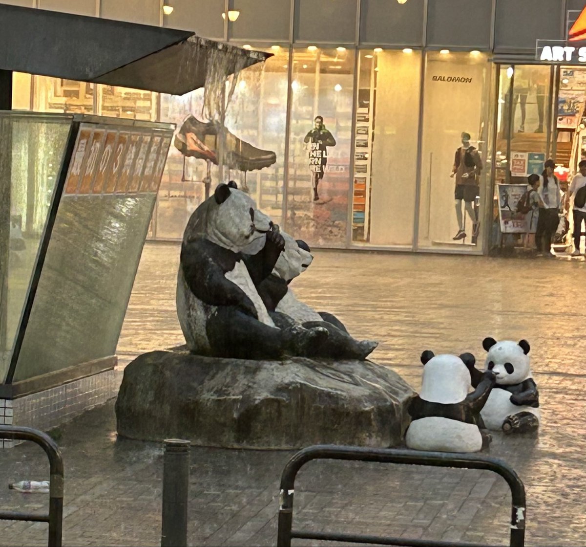 maike_6's tweet photo. ものすごいゲリラ豪雨で
御徒町のパンダ広場のパンダが滝行してる💦💦 https://t.co/in4J6btiz3