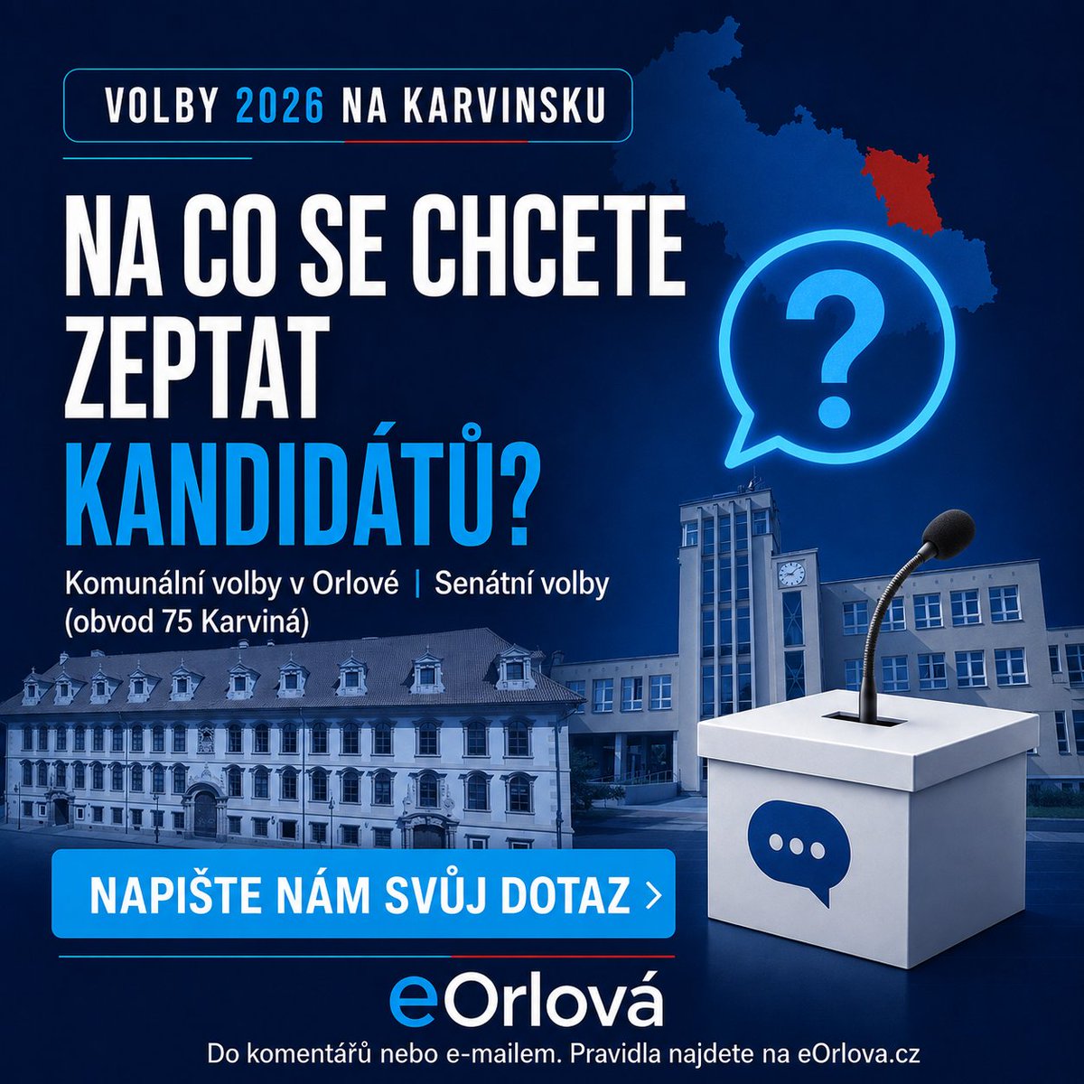 eOrlovaCZ's tweet photo. 🗳️ PTEJTE SE KANDIDÁTŮ DO ORLOVSKÉHO ZASTUPITELSTVA I DO SENÁTU ZA OBVOD KARVINÁ 

Komunální a senátní volby rozhodnou o tom, kdo bude v příštích letech spravovat Orlovou a kdo bude zájmy Karvinska zastupovat v @senatCZ

Otázky ale tentokrát nechceme sestavovat pouze v redakci. Chceme dát prostor také vám – obyvatelům Orlové a Karvinska.

🏙️ KOMUNÁLNÍ VOLBY V ORLOVÉ
V komunálních volbách rozhodujeme o složení městského zastupitelstva. Zvolení zastupitelé budou rozhodovat například o:
🔹 rozpočtu a investicích města,
🔹 bydlení, dopravě a parkování,
🔹 bezpečnosti a pořádku,
🔹 školách, sociálních službách a podpoře spolků,
🔹 dalším rozvoji Orlové.
Co by měli kandidující změnit? V čem by měli pokračovat? A jak chtějí své sliby skutečně splnit?

🏛️ SENÁTNÍ VOLBY – OBVOD Č. 75 KARVINÁ
Senátor nerozhoduje o opravě chodníku ani o městském rozpočtu. Zastupuje však celý volební obvod na celostátní úrovni, projednává zákony a může pomoci otevřít problémy našeho regionu na půdě Senátu.

Může například upozornit na dopady ukončení těžby, nedostatek lékařů nebo špatnou dopravní dostupnost, přivést k jednání zástupce měst, kraje a ministerstev a prosazovat změny zákonů tak, aby stát při rozhodování nepřehlížel Karvinsko ani Orlovou.
❓ Na co byste se kandidujících subjektů zeptali vy?
❓ Jaký problém by měl budoucí senátor otevřít na celostátní úrovni?
❓ Které téma podle vás nesmí v předvolební debatě chybět?

👇 Napište svou otázku do komentářů nebo nám ji pošlete e-mailem na: redakce@eorlova.cz 

⏰ HARMONOGRAM
📌 Otázky veřejnosti přijímáme do neděle 23. srpna 2026 do 22:00.
📌 Dne 24. srpna je rozešleme všem registrovaným kandidujícím subjektům a kandidátům za stejných podmínek.
📌 Odpovědi kandidujících přijímáme do 4. září 2026 do 22:00.
📌 Jednotlivé odpovědi začneme zveřejňovat od 8. září v rubrice Volby 2026 na Karvinsku.

👉 Sdílejte tuto výzvu, aby se mohli zapojit také vaši přátelé, sousedé a další obyvatelé regionu.

Vaše otázky. Jejich odpovědi. Vaše rozhodnutí.
#eOrlová #Volby2026 #Orlová #Karvinsko #KomunálníVolby #SenátníVolby #Obvod75