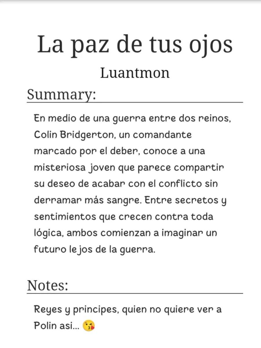 Lu_antmon's tweet photo. ❤️‍🔥La paz de tus ojos⚔️

Este es un fanfic de 3 capitulos, del libro "Colin &amp; Penelope: Colección de Historias Cortas" en Wattpad y Ao3 📚 

https://t.co/Q0BgyBiabQ……

#polin #fanfic #colinbridgerton #penelopefeatherington #bridgerton 

https://t.co/YpW31RgqTC… https://t.co/obzd9teEDc