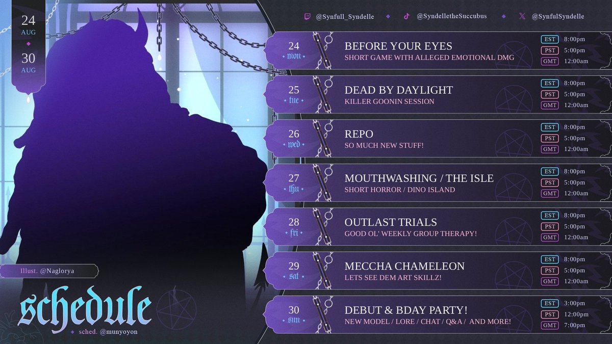 SynfulSyndelle's tweet photo. Guys the week is finally here!  Heres the line up leading to the big debut! Hope to see you all this week! https://t.co/xJsALYxdc0
