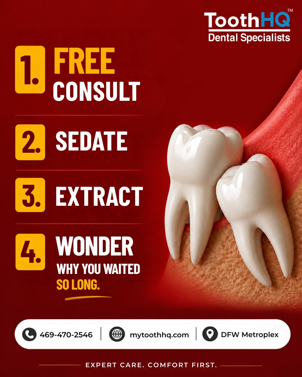 ToothHQDental's tweet photo. Get sedated. Get it removed. Wake up wondering why you waited so long. 😴🦷
Free consult. Sedation available. Zero drama.
Book with #DFW Dr. V and let future-you thank present-you.
#AskDrV #ToothHQ #WisdomTeeth #SedationDentistry #DFWDentist https://t.co/2IctrwKufD