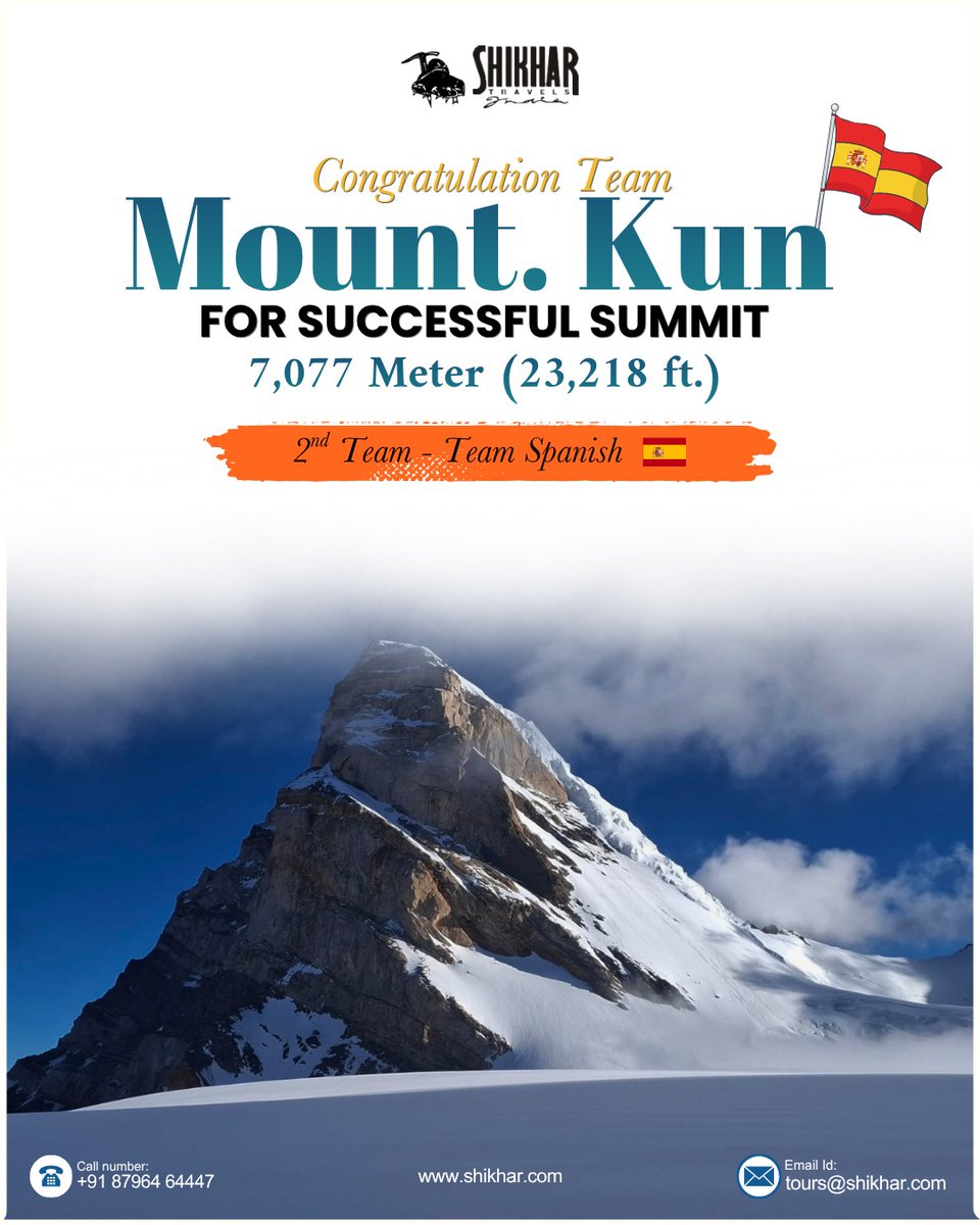 swadesh47's tweet photo. 🏔️ 7,077 metres. One unforgettable summit.
🇪🇸 Congratulations to Team Spain on successfully summiting Mt. Kun (7,077 m)!
🔗 https://t.co/NPpeRn2PZQ
📞 +91 87964 64447
#MountKun #TeamSpain #SummitSuccess #ShikharTravels #Mountaineering #Himalayas #Ladakh https://t.co/lTZGRf9o5j