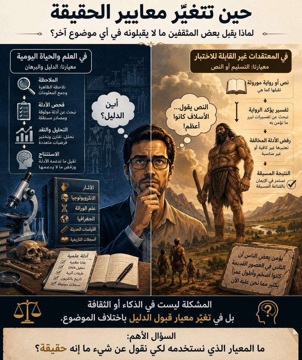 HuwaidiMH's tweet photo. حين تتغيّر معايير الحقيقة

من الظواهر اللافتة أن تجد إنسانًا مثقفًا، واسع الاطلاع، وربما أديبًا أو أكاديميًا، شديد الحرص على التوثيق والمصادر والمنطق في معظم القضايا، ثم تتغير منهجيته عندما يصل إلى بعض المعتقدات الموروثة.

في القضايا العلمية والفكرية، نسير عادة وفق منهج واضح:

الدليل ← التحليل ← الاستنتاج

نبحث عن الشواهد، ونقارن المصادر، ونشكك في الروايات، ثم نبني استنتاجنا على ما يتوافر من أدلة.

لكن في بعض المعتقدات الراسخة قد تنعكس العملية:

الاستنتاج المسبق ← البحث عما يؤيده ← تأويل أو رفض ما يخالفه

ولهذا قد تجد شخصًا لا يقبل ادعاءً تاريخيًا بسيطًا من دون مصدر موثوق، لكنه في الوقت نفسه يؤمن بأن البشر في العصور القديمة كانوا أضخم أجسامًا، أو أنهم كانوا يعيشون أعمارًا أطول بكثير من الإنسان المعاصر، من دون أن يطالب بالدليل الأثري أو الأنثروبولوجي أو البيولوجي الذي كان سيطالب به في قضية أخرى.

يسمي علم النفس جانبًا من هذه الظاهرة الاستدلال المدفوع (Motivated Reasoning)، حيث لا يبدأ العقل دائمًا من الأدلة للوصول إلى النتيجة، بل قد يبدأ أحيانًا من النتيجة التي يرغب في الحفاظ عليها، ثم يستخدم قدراته العقلية للدفاع عنها.

وهناك أيضًا ما يسمى التجزئة الذهنية (Compartmentalization)، حيث يستطيع الإنسان تطبيق معايير مختلفة للحقيقة في مجالات مختلفة، من دون أن يشعر بوجود تناقض بينها.

وهنا تكمن بعض المفارقات:

الثقافة والذكاء لا يمنعان الإنسان بالضرورة من التحيز؛ بل قد يمنحانه أحيانًا أدوات أكثر براعة للدفاع عن قناعاته المسبقة.

ليس المقصود السخرية من معتقدات الناس أو الانتقاص منها، وإنما الفصل بين الإيمان والمعرفة العلمية.

للإنسان أن يؤمن بما يشاء، لكن عندما يتحول الاعتقاد إلى ادعاء عن التاريخ الطبيعي للإنسان، أو عمره، أو حجمه، أو تطوره البيولوجي، يصبح من المشروع أن نسأل:

أين الدليل الأثري؟
أين الدليل الأنثروبولوجي؟
أين الدليل الجيني أو البيولوجي؟
وهل توجد شواهد مستقلة تؤيد هذا الادعاء؟

فالمشكلة ليست في مستوى الذكاء أو الثقافة، وإنما في تغيّر معيار قبول الدليل باختلاف الموضوع.

ولعل السؤال الذي يستحق أن نسأله لأنفسنا دائمًا ليس: هل تتفق هذه الفكرة مع ما أؤمن به؟

بل: ما المعيار الذي أستخدمه لكي أقول عن شيء ما إنه حقيقة؟ وهل أقبل المعيار نفسه لو كانت النتيجة تخالف معتقدي؟