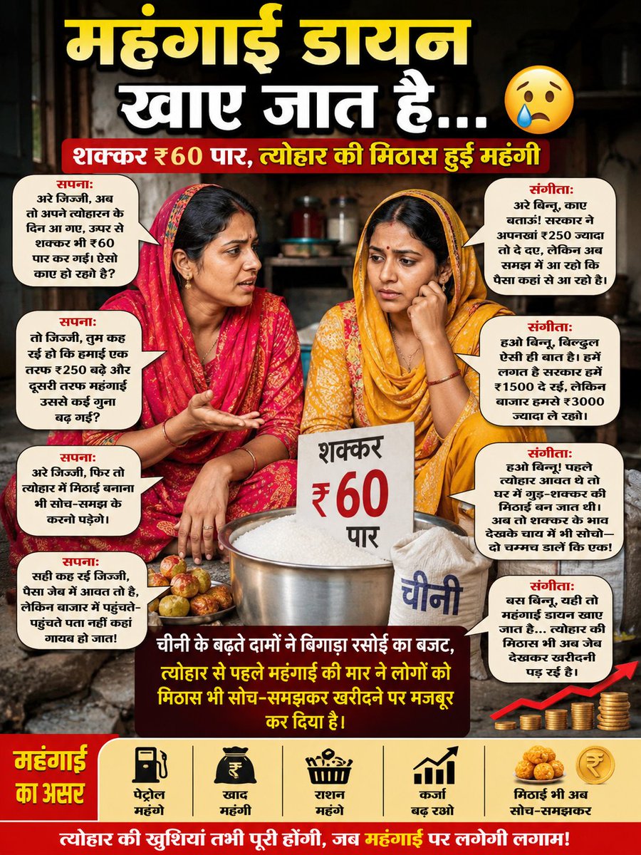 Ramkishor8964's tweet photo. #लाङली बहिने #सपना और #संगीता की #बातचीत
#महंगाई डायन खाए जात है..😢

सपना: अरे जिज्जी, अब तो अपने त्योहारन के दिन आ गए, ऊपर से शक्कर भी ₹60 पार कर गई। ऐसो काए हो रहो है? संगीता: अरे बिन्नू, काए बताऊं! सरकार ने अपनखां ₹250 ज्यादा तो दे दए लेकिन अब समझ मे आ रहो
#CMMadhyaPradesh https://t.co/bDvr9LNv0u