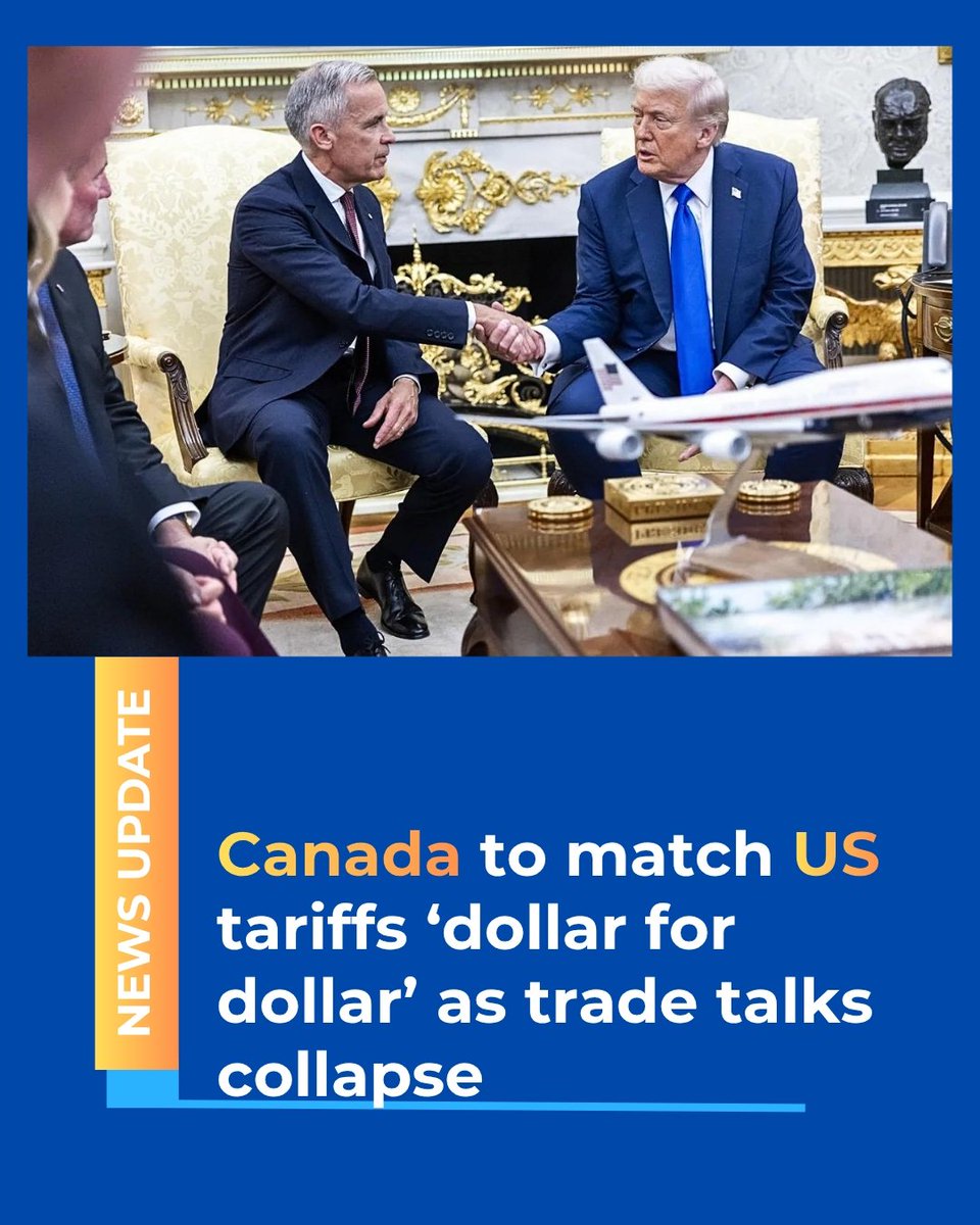 Letustv's tweet photo. Canada has suspended trade negotiations with the United States after talks broke down ahead of a deadline for a new deal.

Prime Minister Mark Carney said Canada would respond to new US tariffs with reciprocal measures, matching them “dollar for dollar.”

The latest US https://t.co/WjiKJaJOyV