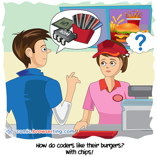 NullSafety_'s tweet photo. How do programmers like their burgers? With chips! #programming #programmers #joke Original: https://t.co/yH2hVua9S3 - programming comic by @browserling. #devhumor #programmerhumor #geek #nerd #geeks #nerds https://t.co/Nnxgljaoam