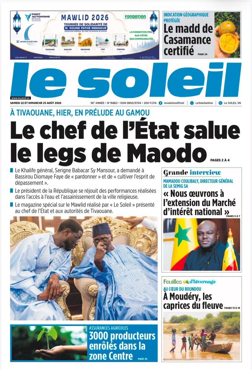 Mo_Njaay's tweet photo. #RevueDePresseSn du Samedi 22 Août 2026.Agréable week-end et bonne lecture. #Senegal,#LobsSn,#LeSoleilSn,#LibérationSn,#EnquêteSn https://t.co/ieLLGUVcHO