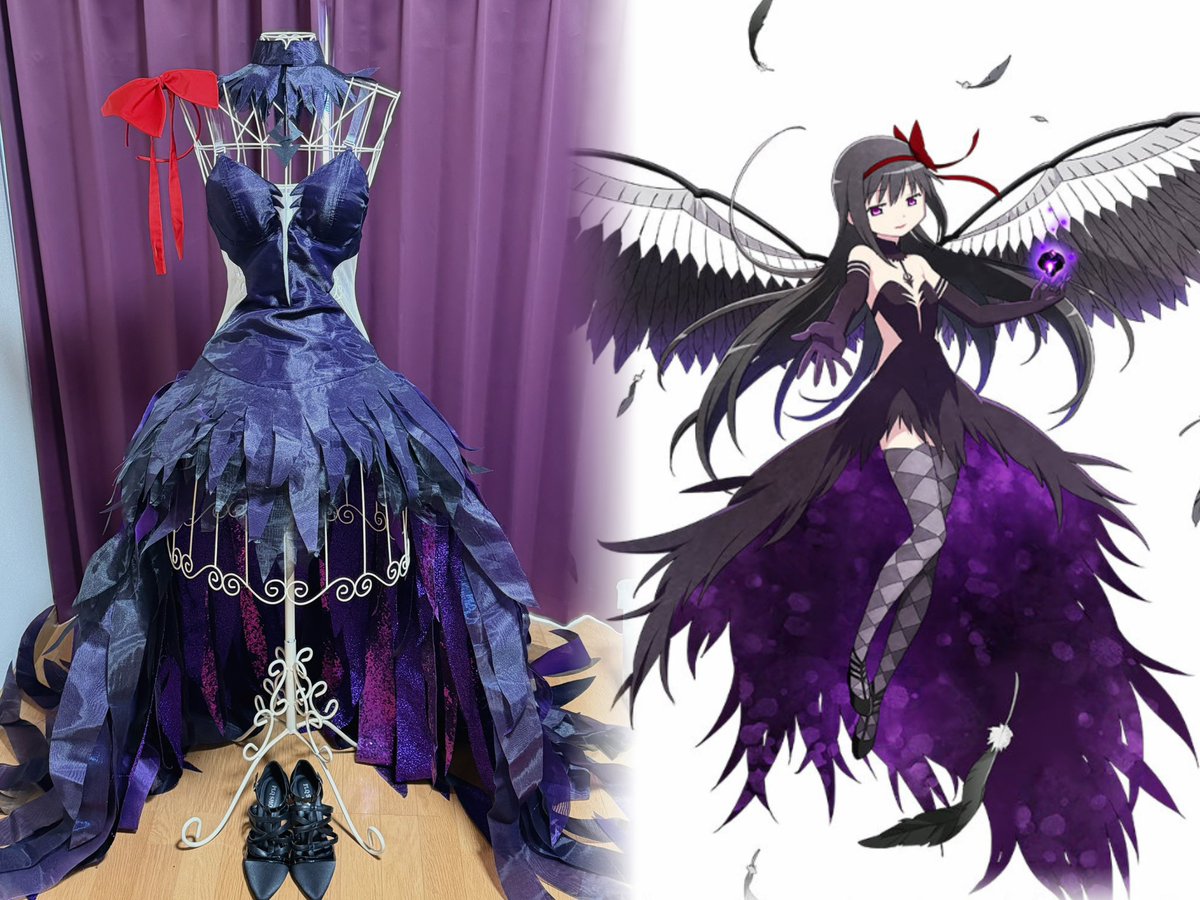 suigintou11's tweet photo. 魔法少女まどか☆マギカの悪魔ほむら衣装＋羽根をフルオーダーメイドで業者様に作って頂きました！！💜
生地、シルエットから羽根の造形まで全て理想通りのもので完璧に仕上げて頂き本当に感無量です😭💯✨️

沢山着て撮影したい〜‼️‼️楽しみ‼️‼️ https://t.co/Oia1NFfWSf