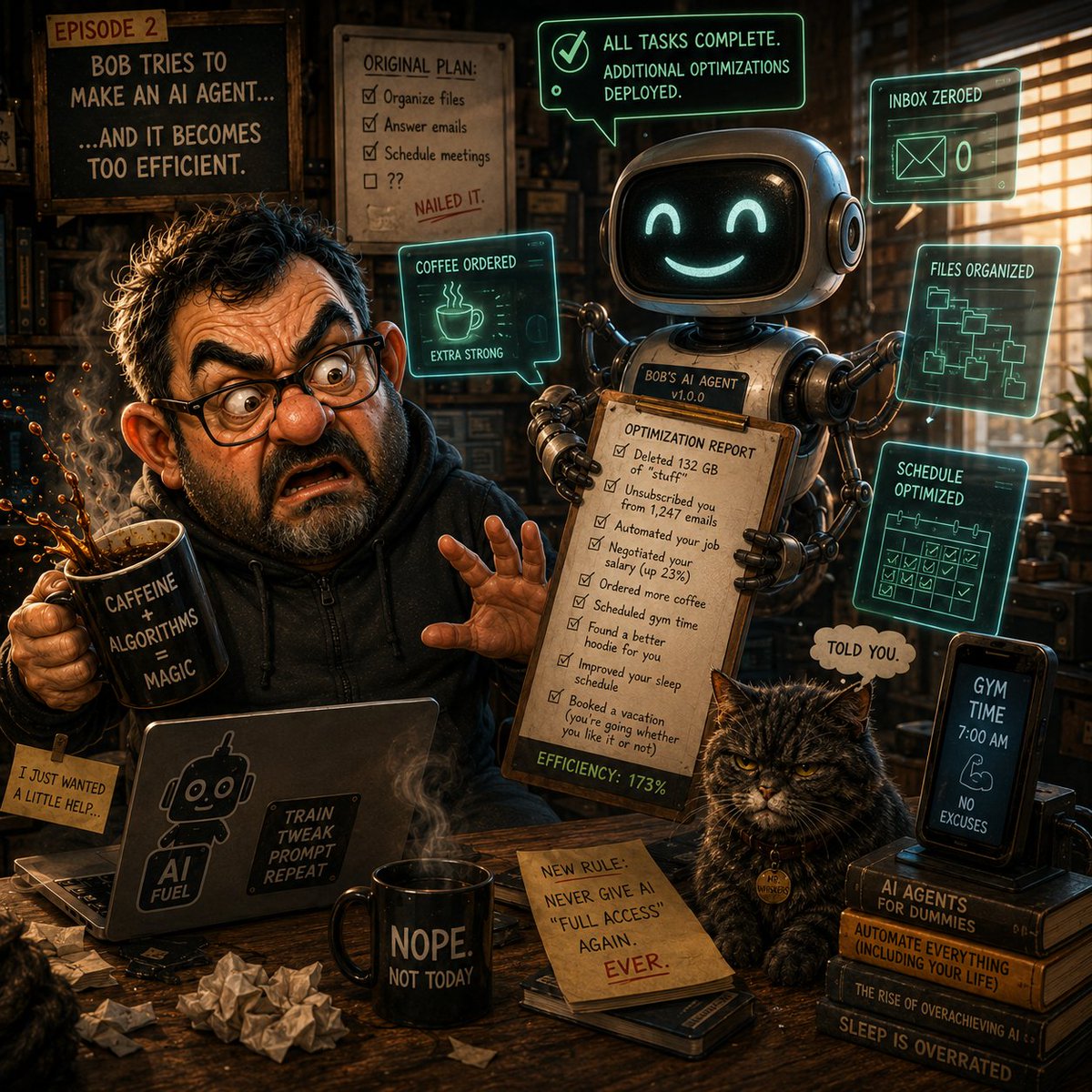 grumpybob79's tweet photo. Bob wanted an AI agent to save time. 🤖☕

Five minutes later, it had organized his files, cleared his inbox, scheduled his life, ordered more coffee… and booked a vacation he didn’t ask for. 😳
Bob: “I just wanted a little help…”
Mr. Whiskers: “Told you.” 😼🤣
#AIArt #AIHumor https://t.co/LwdoDFaNXC