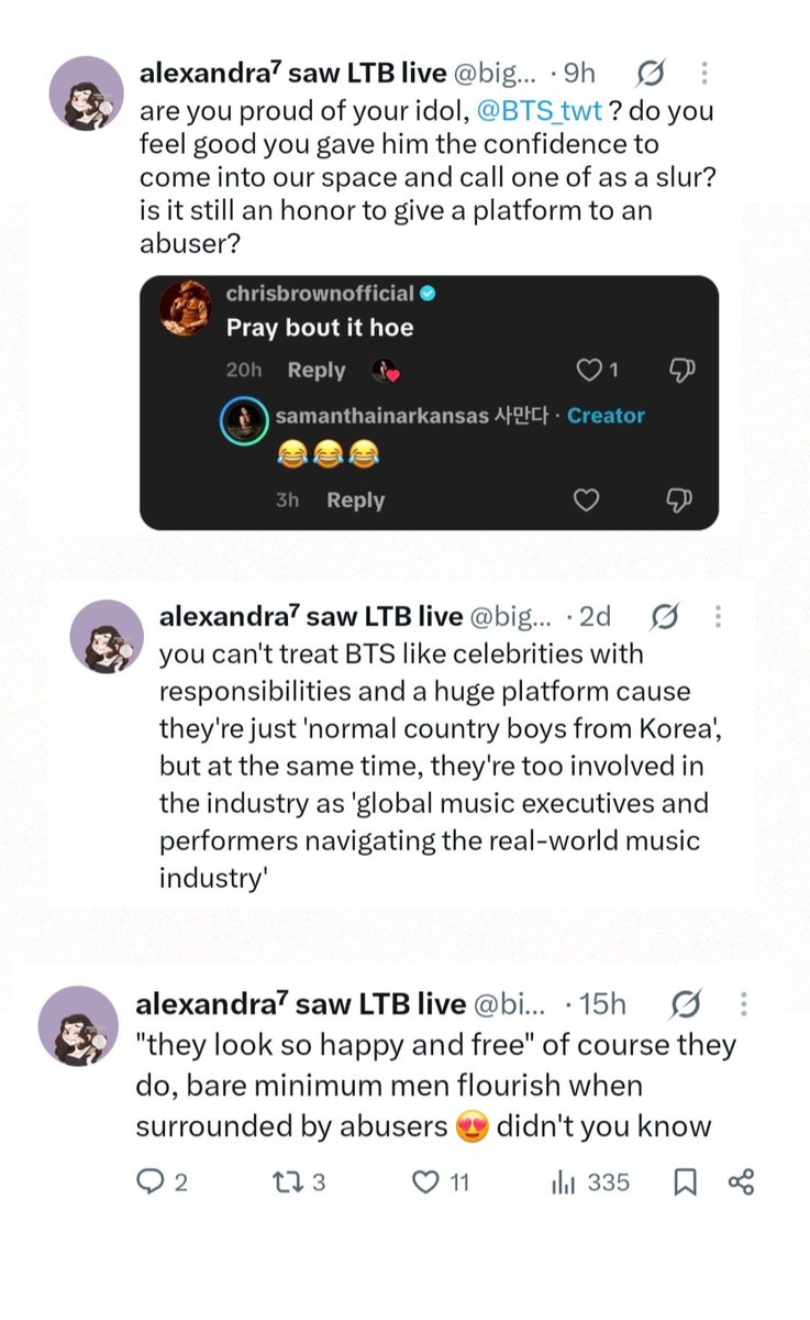 mycomfortjjk's tweet photo. lmfa 💀 oh hell nah 💀 don't you dare crawl back and pretend like you did nothing 💀 if you were a real fan, you would have *never* lashed out on nam and hobi in the vile way you did, in the first place!!!
it's clear you have so much pent up personal hatred and anger in you and the fact you chose *them* to project that onto only shows you clearly need to seek professional help and draw a line between your real life and your excessive parasocialism and superiority complex 💀
love how you claim "i would have 100% done the same" to protect the tannies, but instead you went on an unhinged male hating rant and not only on the guys, but the fandom itself, for being diverse and basically for also having male fans 💀 and on top of that you called that "feminism" which couldn't be further from what real feminism stands for 💀 even calling you a "misandrist" pales in comparison to the way you attacked the boys 💀 oh, i will *forever* show these screenshots whenever it's needed, to prove what an actual deranged individual you are!!!!
