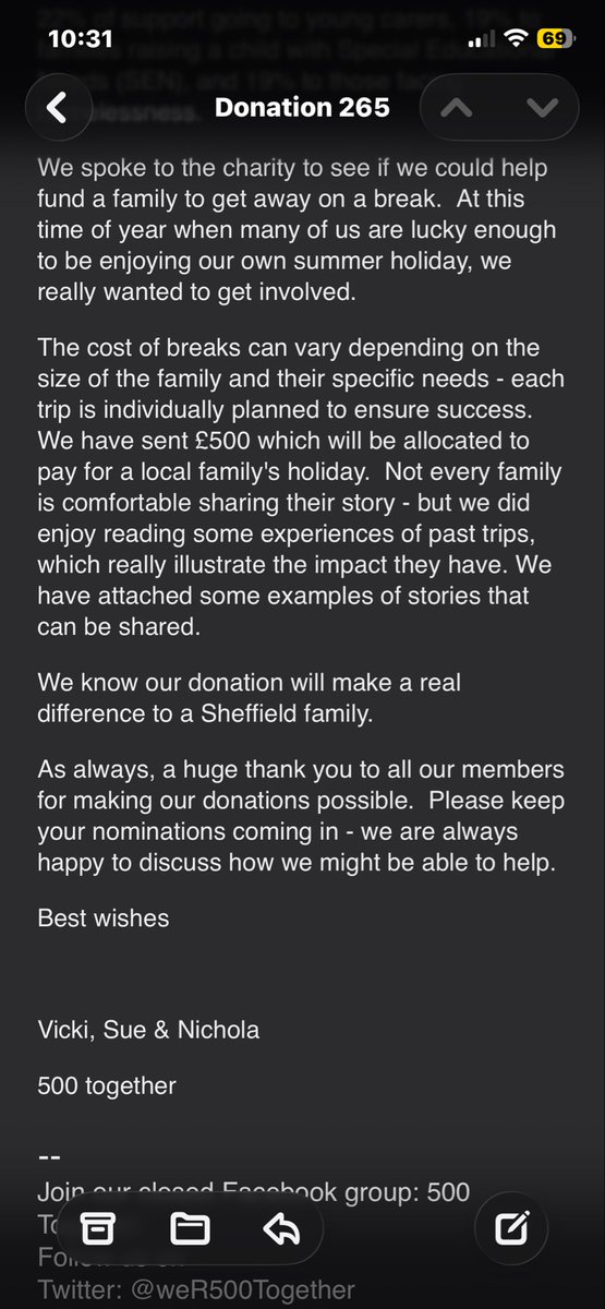 weR500Together's tweet photo. Is that easier to read or more difficult? White on black. Hopefully you can all see donation 265 that will help a local #Sheffield family get away for a holiday. I’m sure it will be much appreciated. Cheers 👋 ☀️ 🌊 https://t.co/8aJQmg80Wl