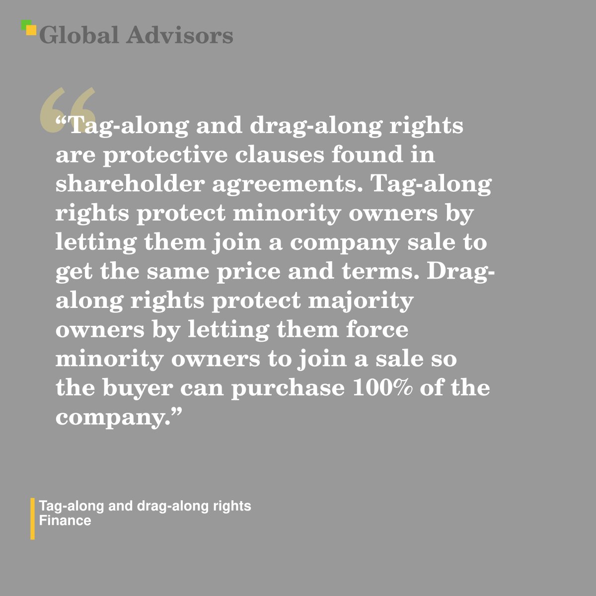 MarcWilson10000's tweet photo. #Term: #TagAlong and #DragAlong #Rights – Finance - https://t.co/50dxDidLlR
"Tag-along and drag-along rights are protective clauses found in shareholder agreements. Tag-along rights protect minority owners by letting them join a company sale to get the same price and term... https://t.co/Y4MFe6Goob