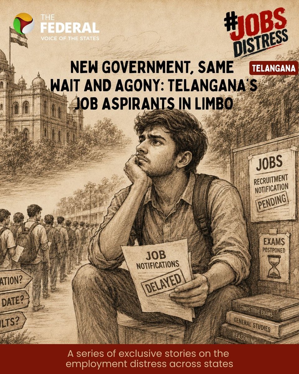TheFederal_News's tweet photo. #JobDistress | On one side, the government says it has filled 70,000 jobs. On the other hand, thousands of youngsters are sitting in libraries, waiting for new notifications, writes Fazalullah Khan.
The Federal is running a series on the nationwide government jobs distress, with ground reports and in-depth analyses from various states.
Read more: https://t.co/2NNsM6x2H3
#TelanganaJobs #JobsDistress #RevanthReddy #GroupExams #Unemployment #TelanganaYouth #GovernmentJobs #TPSC #HyderabadLibrary #GroupRecruitment