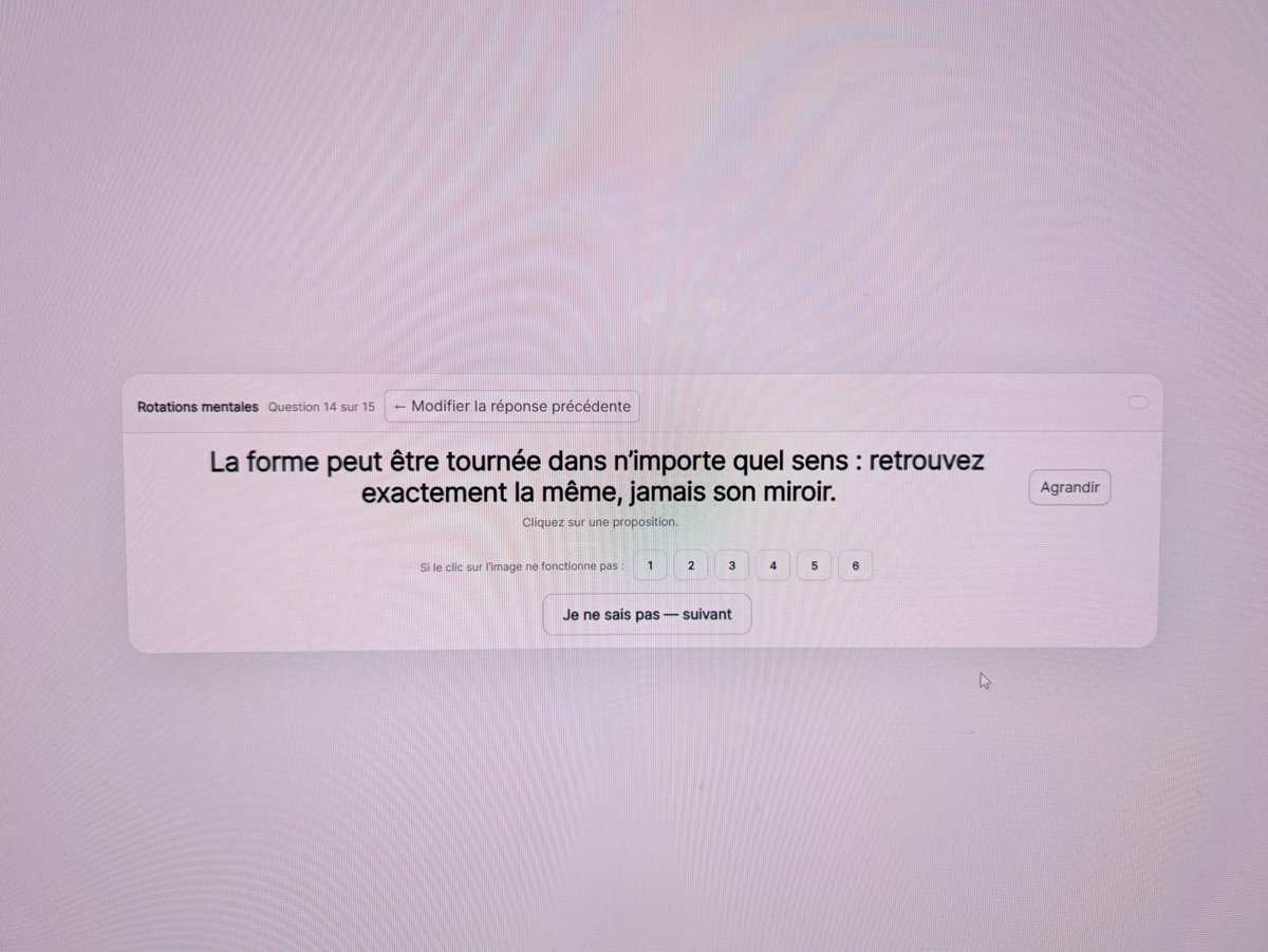 charlyC390's tweet photo. @enclosdivin Pour info, je tombe sur une erreur à un moment donné. Je ne peux pas faire la suite du test.
Également, il y a trois questions où aucune image n'est générée, du coup impossible d'y répondre. https://t.co/5EtBy7TP2c