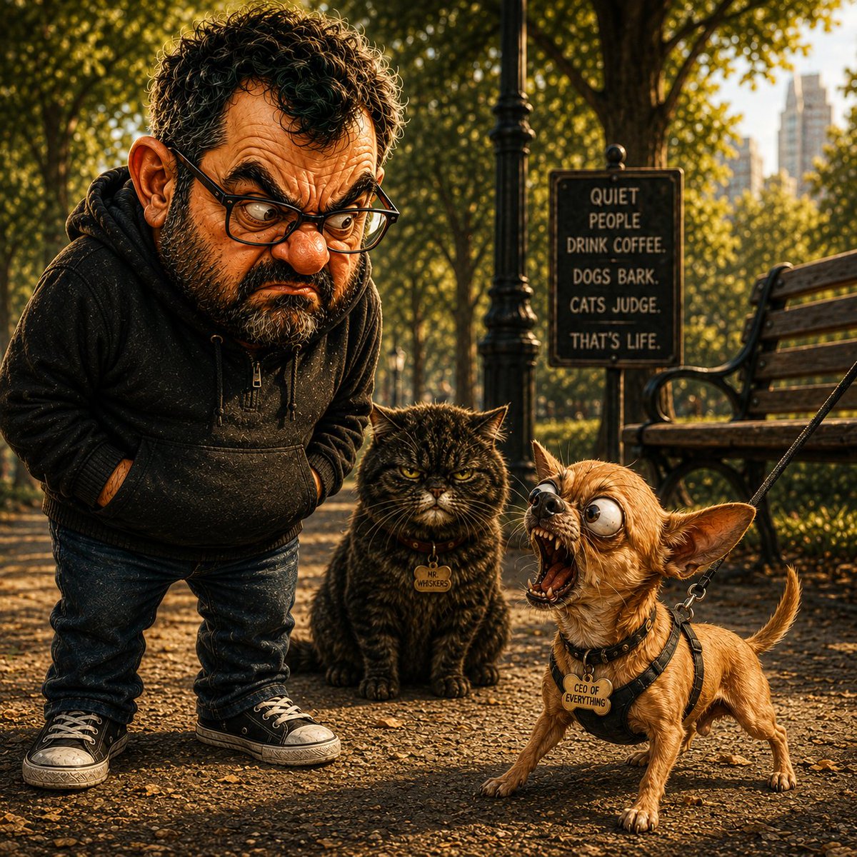 grumpybob79's tweet photo. Bob wanted a quiet walk in the park. ☕🌳
The Chihuahua had other plans. 🤬🐶
Bob: “I don’t have time for this.”
The Chihuahua: “I HAVE ALL DAY!”
Mr. Whiskers: “Both of you are embarrassing.” 😾🤣
#AIArt #FunnyArt #CaricatureArt #AIGeneratedArt #CoffeePowered https://t.co/ayyQdoDByv
