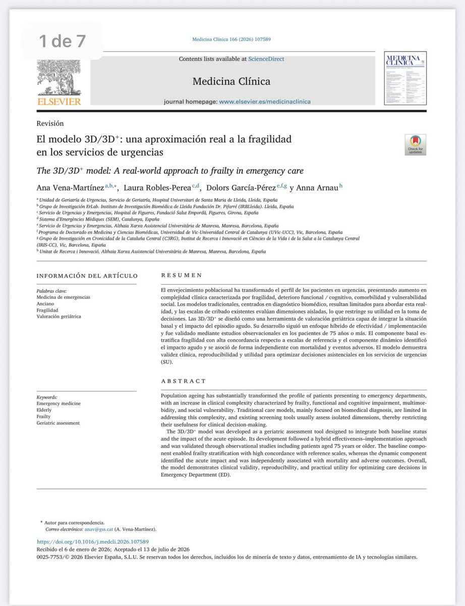 MartinezVena's tweet photo. La determinación de la fragilidad en urgencias permite una atención centrada en la persona y una adecuación dx-terapéutica-nivel asistencial más adecuado. #Geriatría #Urgencias #Fragilidad #geriurg #IRB @harnaulleida @GSS_Lleida https://t.co/Pln9US3NKu