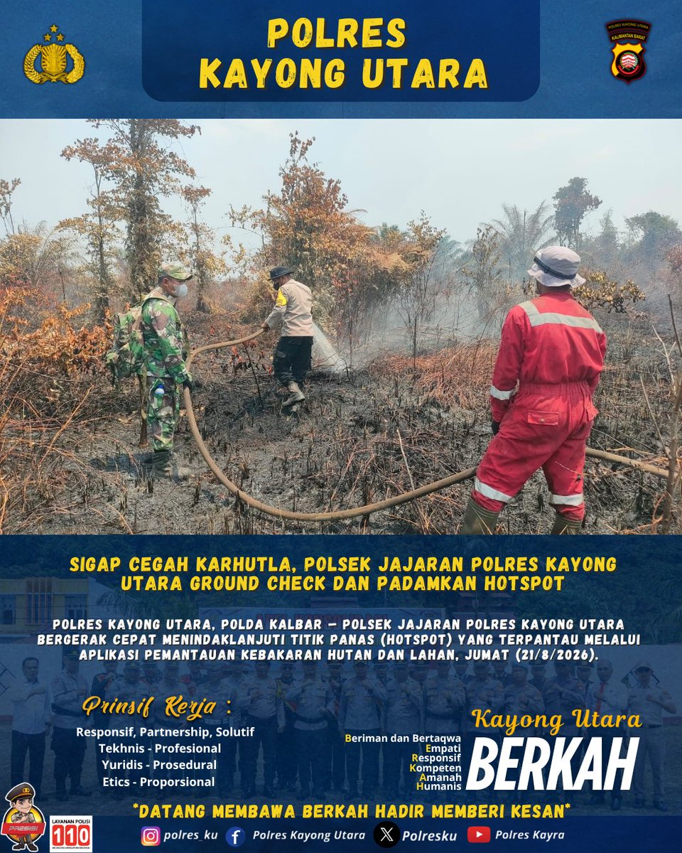polres_ku's tweet photo. SIGAP CEGAH KARHUTLA, POLSEK JAJARAN POLRES KAYONG UTARA GROUND CHECK DAN PADAMKAN HOTSPOT

Penanganan karhutla membutuhkan kepedulian dan kerja sama seluruh elemen. Dengan bergerak bersama, potensi kebakaran dapat ditangani lebih cepat sebelum meluas. https://t.co/Tp50Y7DVg7