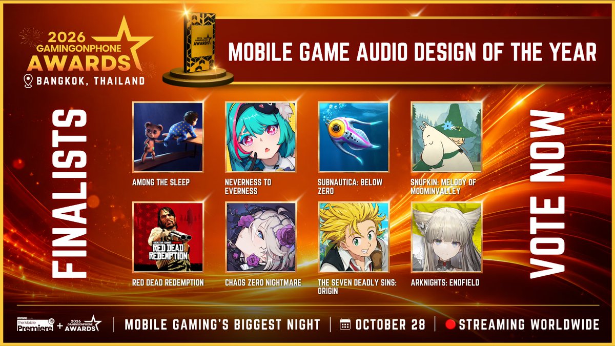 GamingonPhone's tweet photo. Presenting the finalists for the GamingonPhone Awards 2026 (9/28) 🎉

🏆 Mobile Game Audio Design Of The Year

🎖️ Among The Sleep from @SnapbreakGames & @krillbite 
🎖️ @NTE_GL from Perfect World Games
🎖️ Snufkin Melody of Moomin Valley from @SnapbreakGames & @hypergames 
🎖️ Red Dead Redemption from @RockstarGames 
🎖️ @CZN_Official_EN from Smilegate Inc
🎖️ @7DSO_EN from @NetmarbleO 
🎖️ @Subnautica Below Zero from @UnknownWorlds 
🎖️ @AKEndfield from GRYPHLINE

Voting is open until September 21. Vote for your favorites today! 🗳️

The winners will be crowned in a grand ceremony in Bangkok on October 28th. ✨

And this year you can also watch the livestream on our YouTube channel! 😌

🔗https://t.co/p4jSQvxQL0