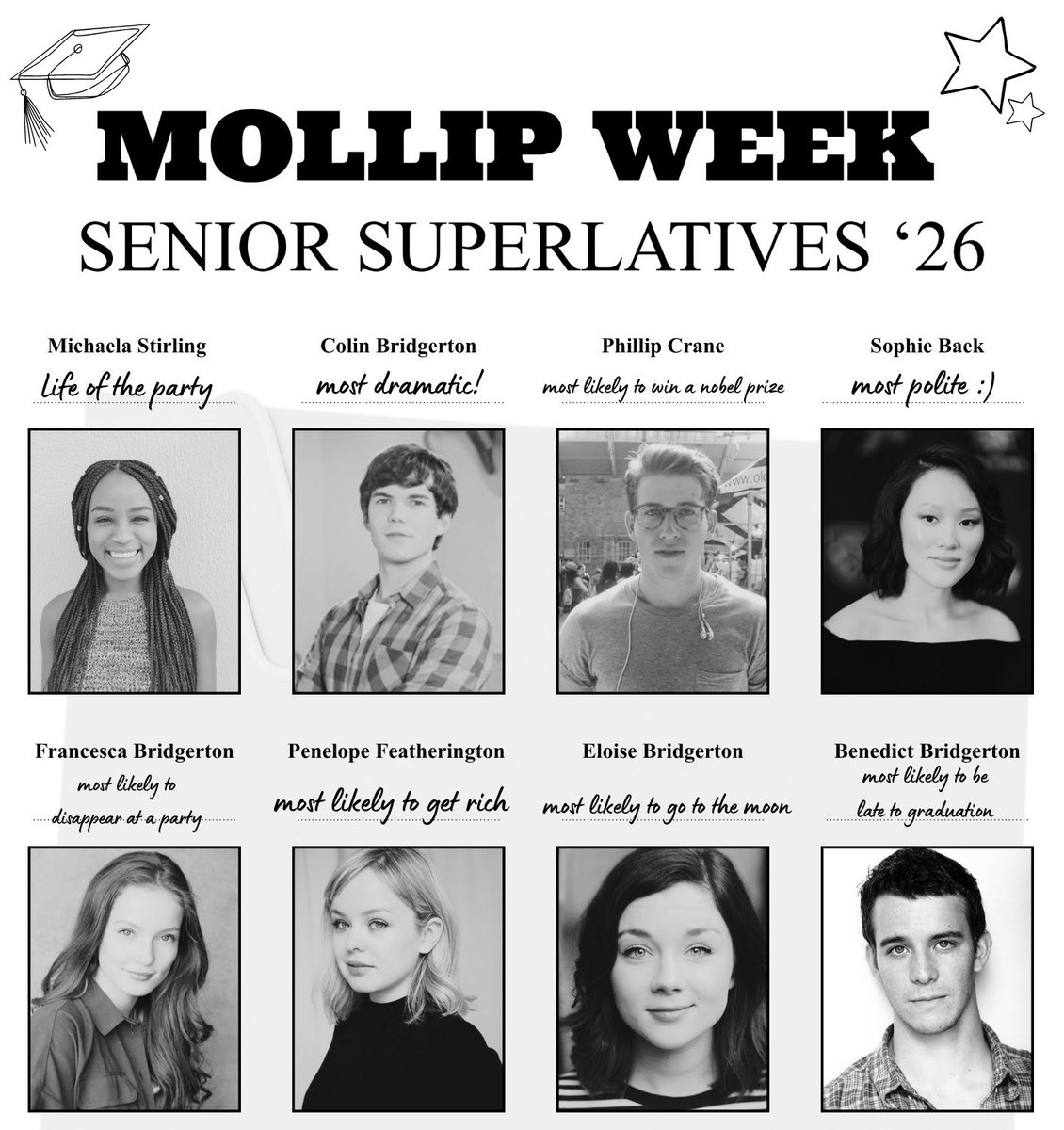 MollipWeek's tweet photo. Mollip week’s senior superlatives are here! Use the template in the replies to quote with your own senior superlatives for the characters! https://t.co/uFHuuh1yL1