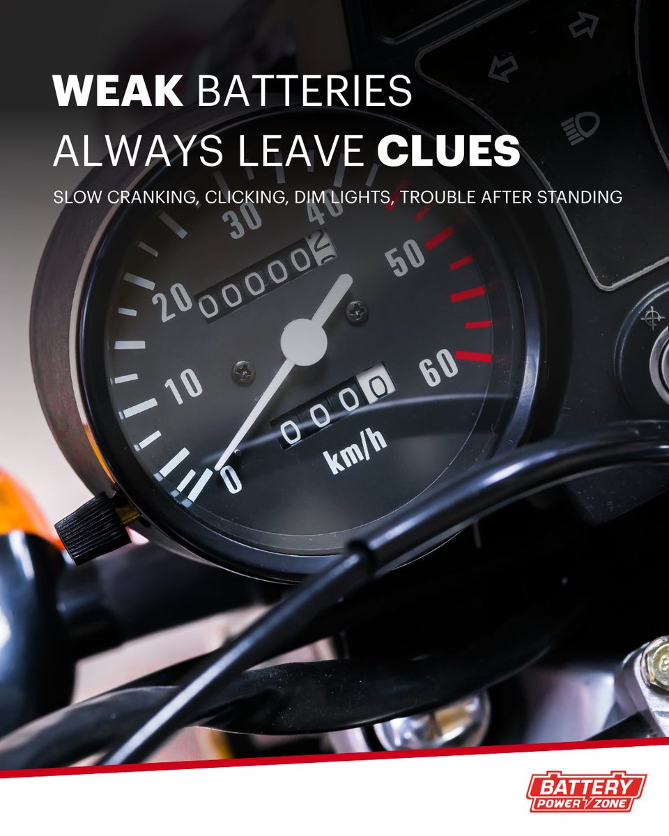 BatteryPowerZo1's tweet photo. Riders, does your bike start first time after standing? 

Slow crank, clicking or dim lights can point to a weak battery. Choose the right battery and care routine before the next ride. 

https://t.co/kMWxa4SvPZ https://t.co/EXg50nIabX