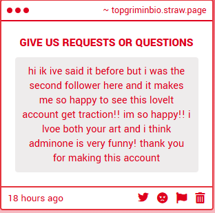 TOPGRIMDAILY's tweet photo. Very heartwarmingly message. ❤️❤️❤️ Me and orange both honestly didnt expect this massive traction towards our account...!!! But we do appreciate it extremely much with this amount of support! We are honored to hear that from you. <3 -🎩

And Im sure am! ;^) -🎩 https://t.co/ta1nDCG0SF