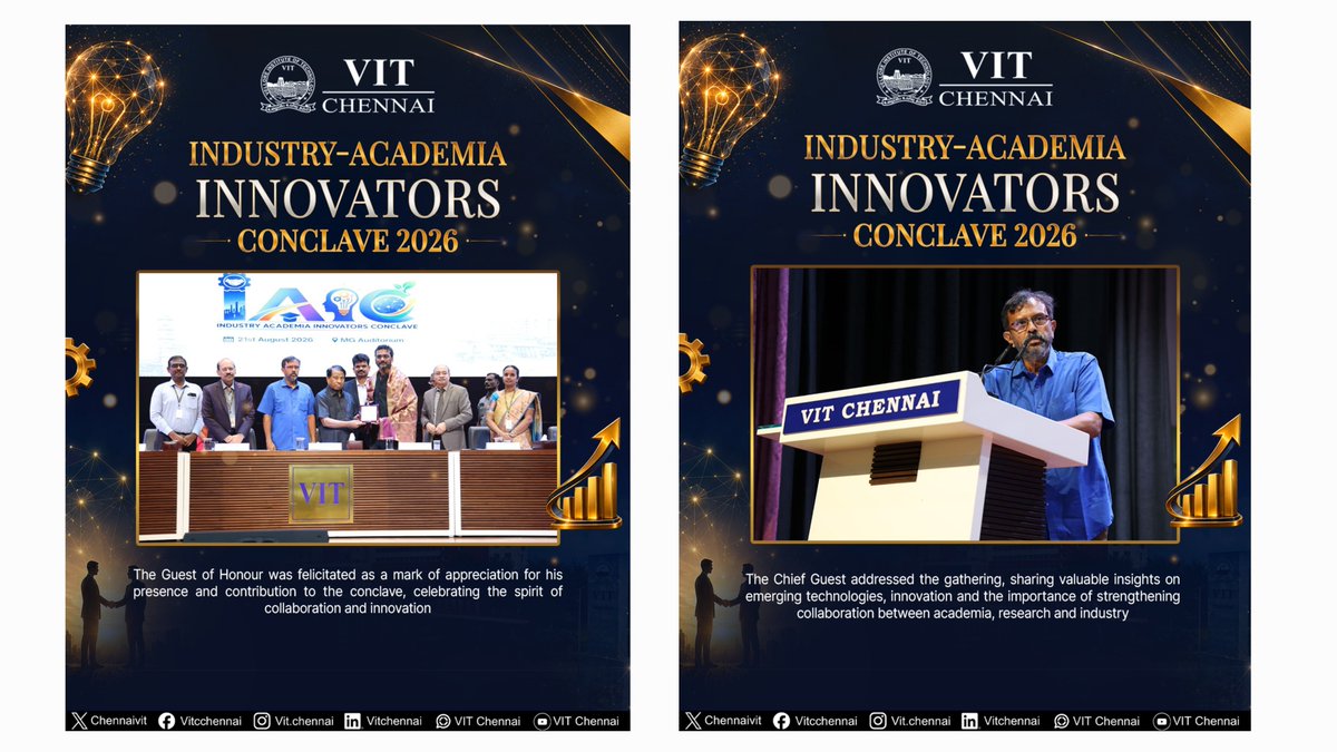 ChennaiVit's tweet photo. Innovation in Action at IAIC 2026

A glimpse into the Industry Academia Innovators Conclave, where industry leaders and academia came together to exchange ideas, inspire innovation and build meaningful pathways for the future.

#IAIC2026 #VITChennai #IndustryAcademia #Innovation https://t.co/mMqE7SU4w5