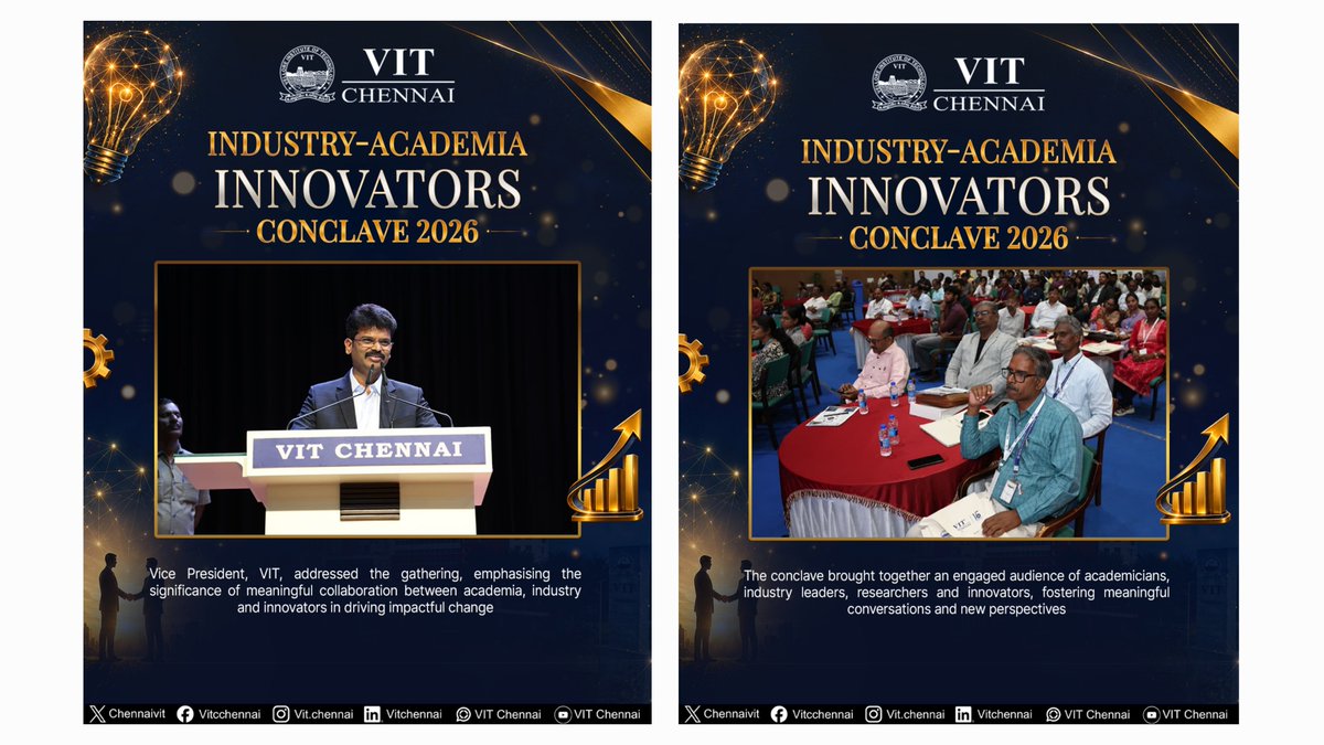ChennaiVit's tweet photo. Innovation in Action at IAIC 2026

A glimpse into the Industry Academia Innovators Conclave, where industry leaders and academia came together to exchange ideas, inspire innovation and build meaningful pathways for the future.

#IAIC2026 #VITChennai #IndustryAcademia #Innovation https://t.co/mMqE7SU4w5