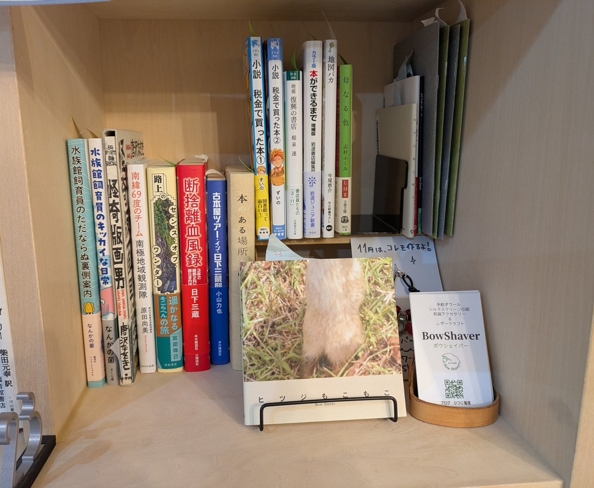 bowshaver's tweet photo. 本日は、棚の手入れをしにセンイチブックス　@senichibooks へ。オリジナルの写真集＆作品集もこっそり置いてます😉
次回のワークショップの予定作品も展示中～🙌
@miraido_creat https://t.co/HGzVHT1lFD