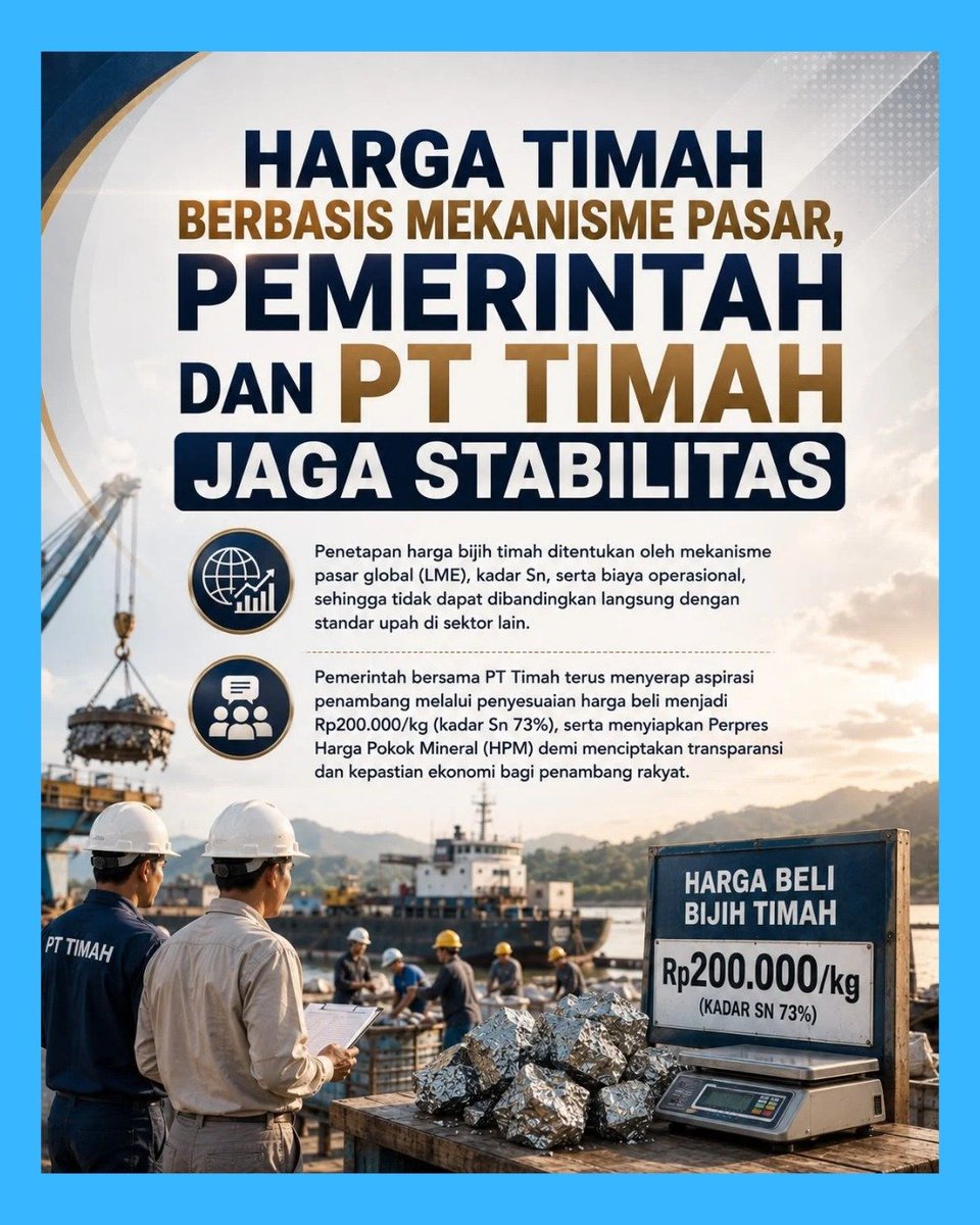 faktaberitaid's tweet photo. Harga bijih timah ditentukan mekanisme pasar global (LME) &amp; kadar Sn. Pemerintah bersama PT Timah Tbk menyoroti stabilitas ekonomi warga melalui penyesuaian harga beli Rp200.000/kg (Sn 73%).

#pttimah #timah #bangkabelitung https://t.co/lUZqaqc7SO