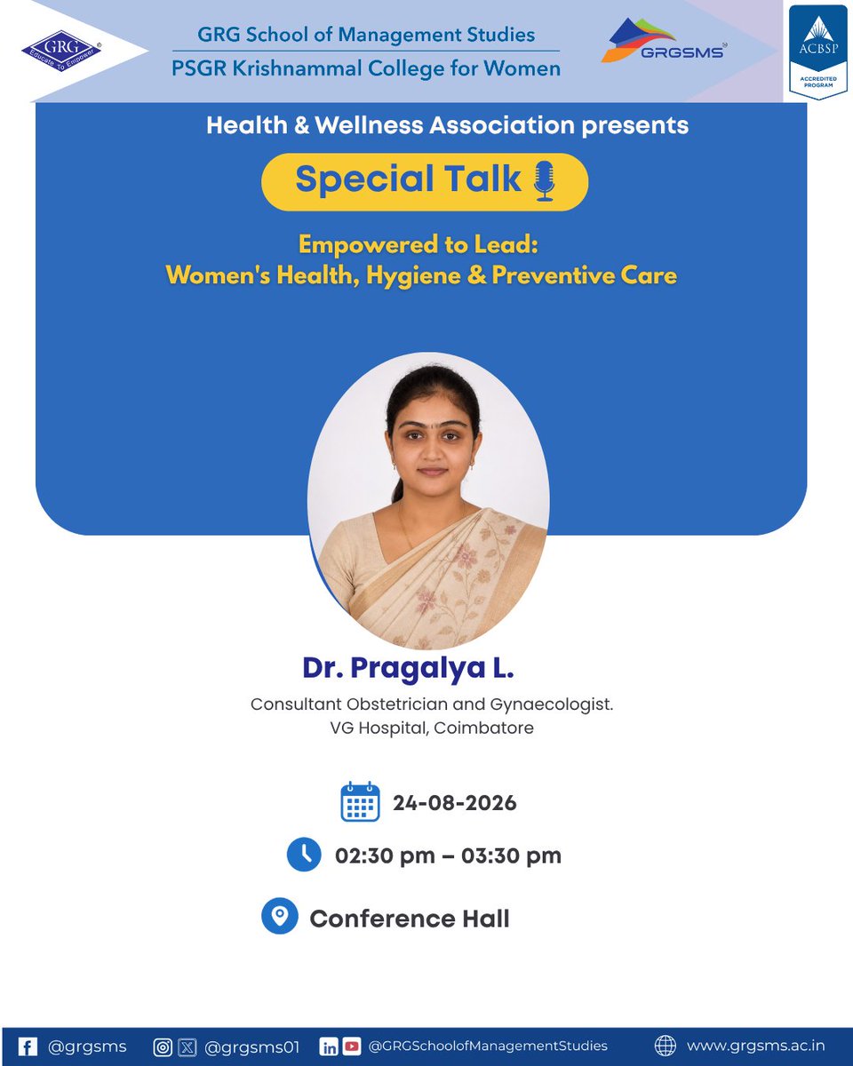 GRGSMS01's tweet photo. Empowered to Lead: Women’s Health, Hygiene &amp; Preventive Care 🌸

GRG School of Management Studies hosts a special talk for first-year students on health, hygiene &amp; preventive care.

📅 Aug 24 | 🕝 2:30–3:30 PM | 📍 Conference Hall
#WomensHealth #GRGSMS #GRG #KCW https://t.co/roOTSnShxR