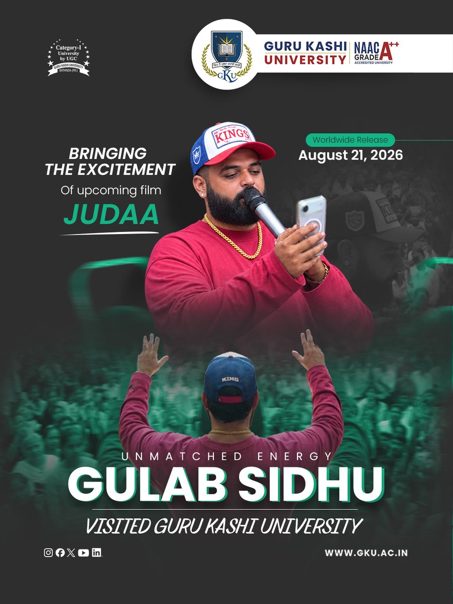 gurukashiuniv's tweet photo. Unmatched energy at Guru Kashi University as Gulab Sidhu joined us to promote his movie Judaa. Get ready for the worldwide release on August 21, 2026!
#GulabSidhu #Judaa https://t.co/IVtWP8aleq
