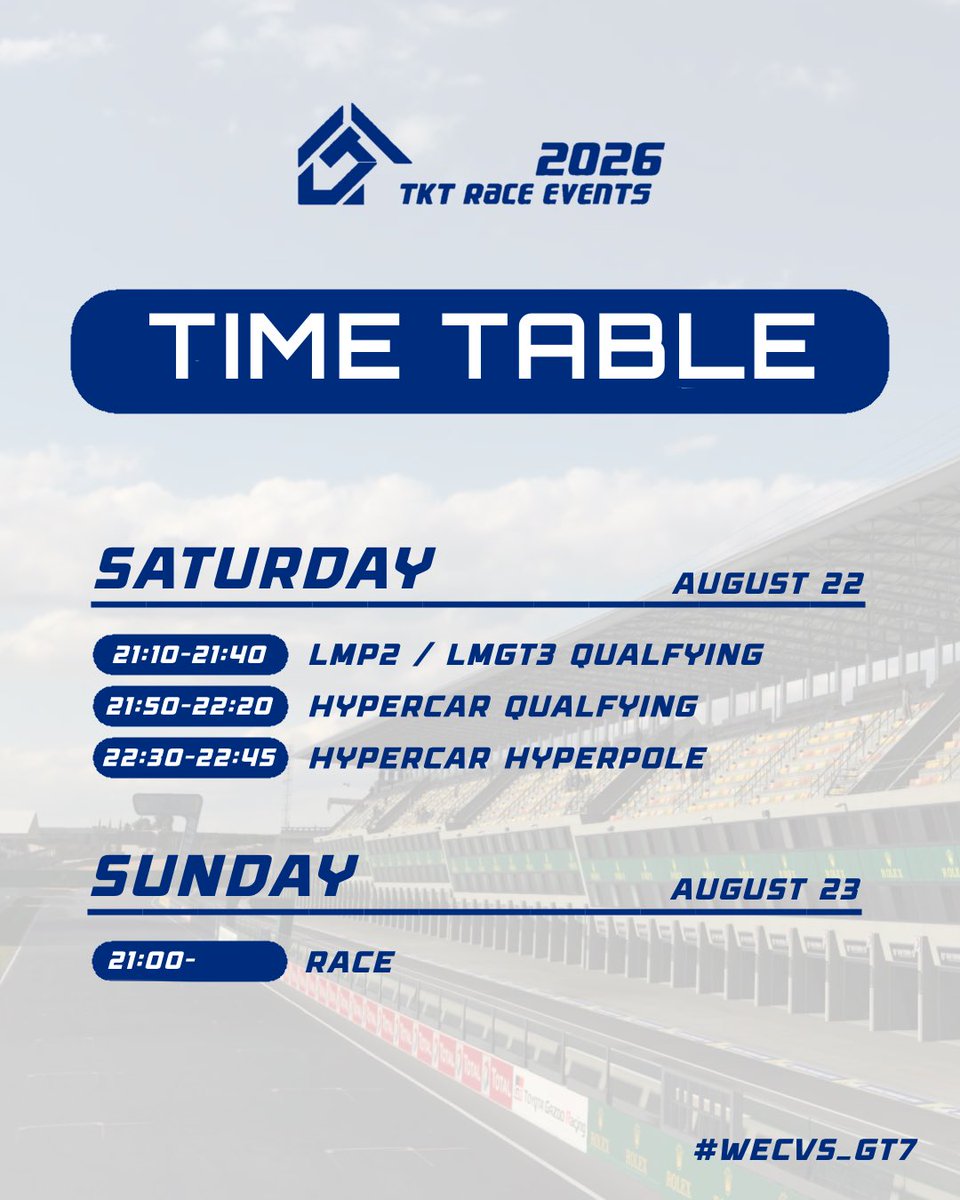 tktrace_events's tweet photo. 📍500km Race of Le Mans🇫🇷
🗣『It's Quali Day🔥』

▶TIME TABLE
⏰21:10-21:40 LMP2/ LMGT3 Qualifying
⏰21:50-22:20 HYPERCAR / Qualifying
⏰22:30-22:45 HYPERPOLE

📺⬇️
▶ https://t.co/PzItYkSZs0 🔗
#GT7
#WECvs_GT7 https://t.co/g2fHL4KpWT