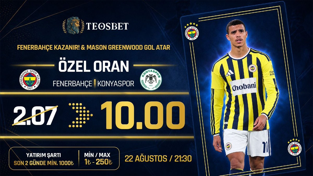resmiteos's tweet photo. 🚨 TEOSBET ÜYELERİNE ÖZEL ORAN! 🚨

Fenerbahçe - Konyaspor maçına özel seçilen bahiste oran uçtu! 
Kazancını tam 10.00 oranla katlama fırsatını kaçırma! 🔥

💥 ÖZEL ORAN: 10.00 💣
⚽ Mason Greenwood Gol Atar ve Fenerbahçe Kazanır

⏳ Sende katıl, ÖZEL ORAN fırsatını yakala! 🚀 https://t.co/oJPtLnFBVj