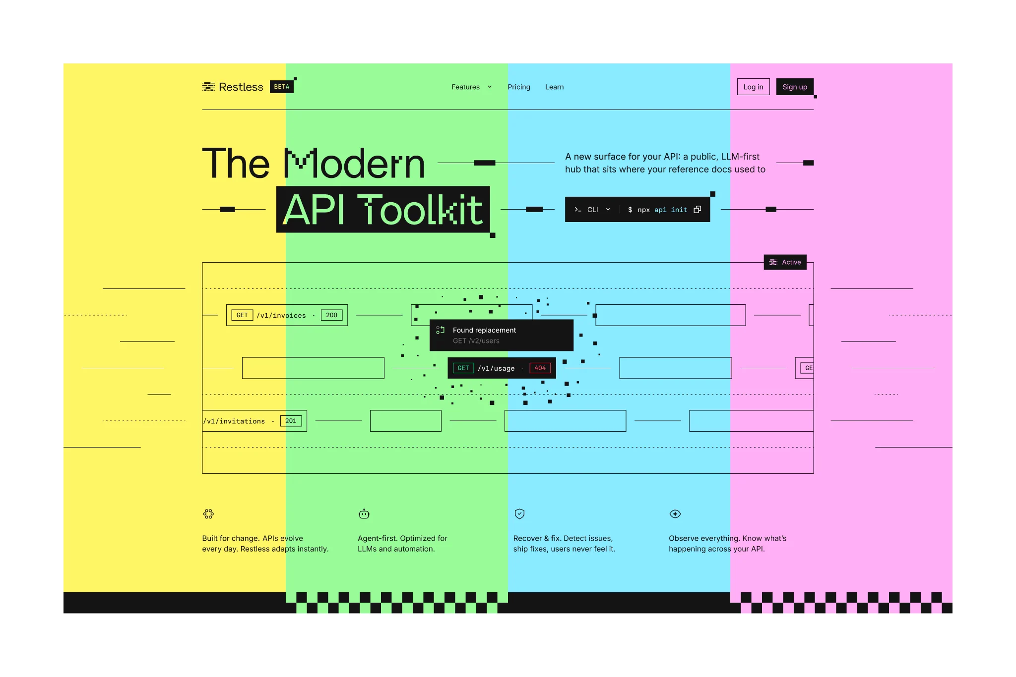 API 툴킷 랜딩 — 4색 세로 밴드와 픽셀 장식 히어로