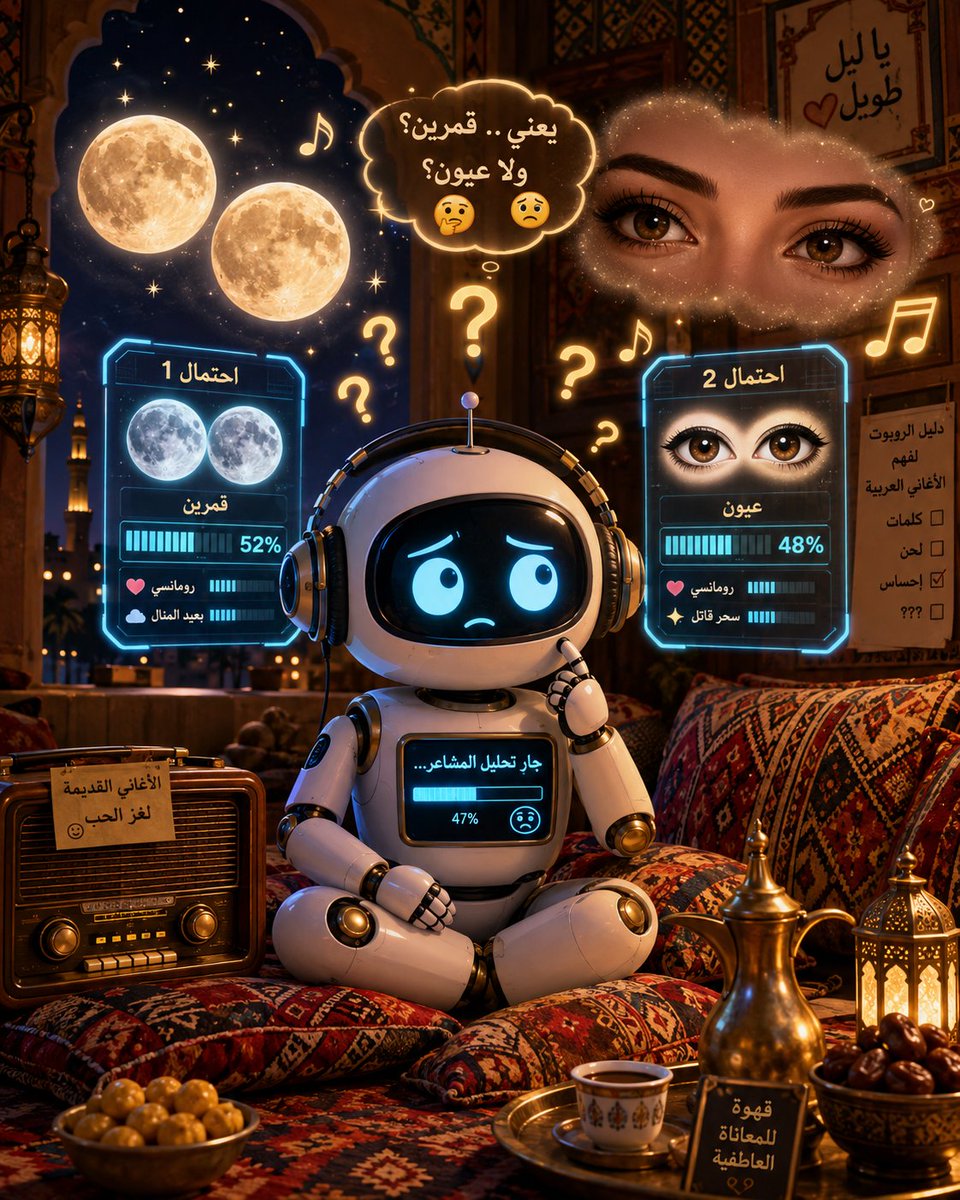 ArabTech_AI's tweet photo. لما الذكاء الاصطناعي يحاول يفسر أغنية "قمرين" لعمرو دياب 😂 https://t.co/jH0pSHl9D3