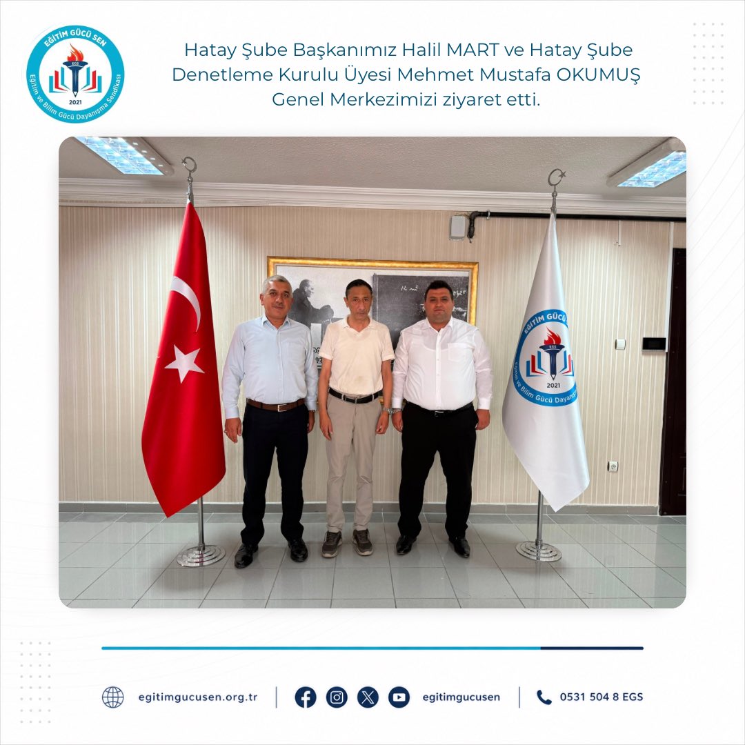 oguzozat's tweet photo. Hatay Şube Başkanımız Halil MART ve Hatay Şube Denetleme Kurulu Üyemiz Mehmet Mustafa OKUMUŞ, Genel Merkezimizi ziyaret etti.

Hatay’daki teşkilat çalışmalarımız ve sahadan gelen talep ve beklentiler üzerine değerlendirmelerde bulunduk.

Nazik ziyaretleri için Başkanlarımıza teşekkür ediyor, çalışmalarında başarılar diliyorum.

@egitimgucuhatay 
@halil_mart