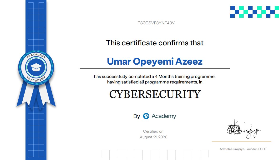 uoazeez's tweet photo. 🎓 OFFICIALLY CERTIFIED! 🛡️✨

Completed my 4-Month Cybersecurity Programme with @TSAcademy!
Scored 80/100 on my Capstone Project with great feedback. Huge thanks to CEO @AdetolaDurojaiye, instructor @FavourOnoko, &amp; the entire community! 🚀

#Cybersecurity #TSAcademy #TechTwitter https://t.co/Rkb2c5mn0S