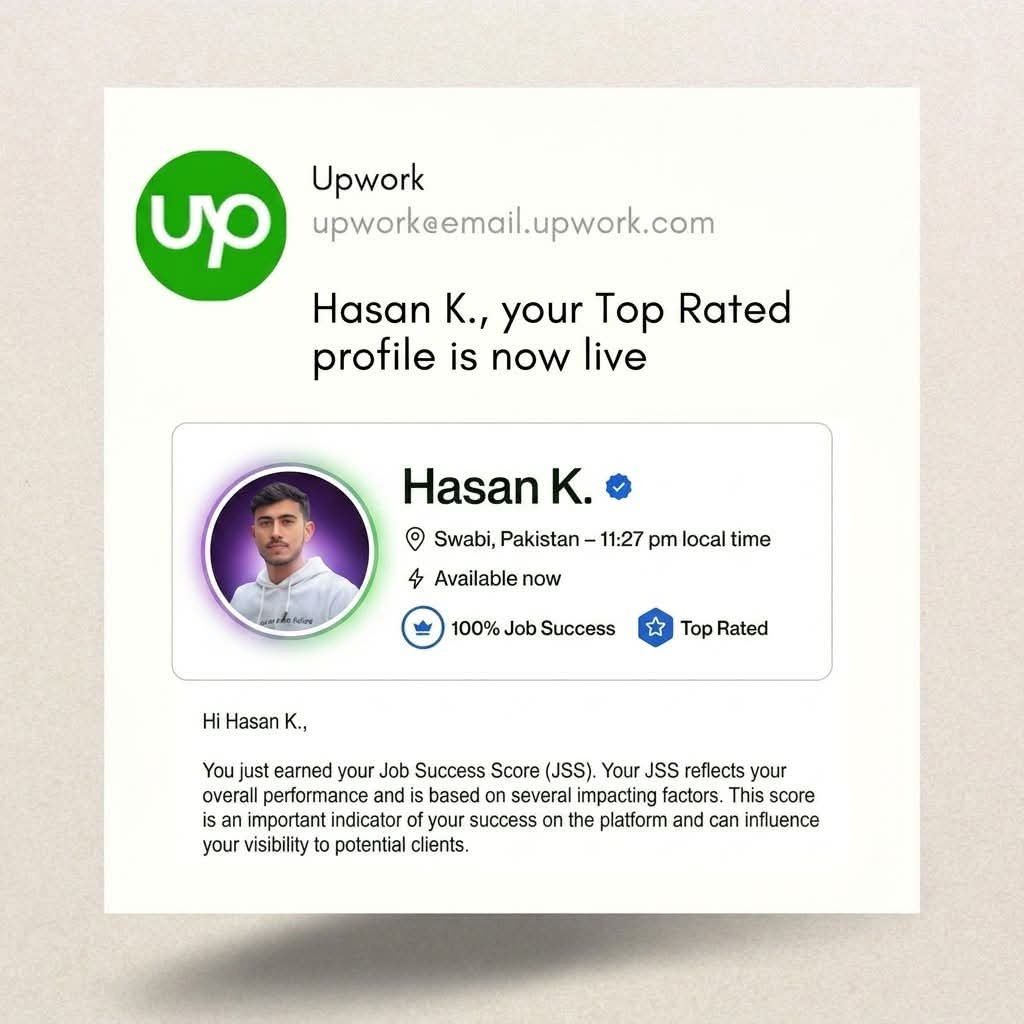 HasanAHk5's tweet photo. Top Rated on Upwork in just 3 months.
Alhamdulillah!
No shortcuts β just consistency, hard work, and delivering for clients. β€οΈ
Next target: Top Rated Plus. InshaAllah! π€²π
@Upwork
#Upwork #Freelancing #TopRated #YouTubeAutomation
@highlight https://t.co/EAi625IMeP