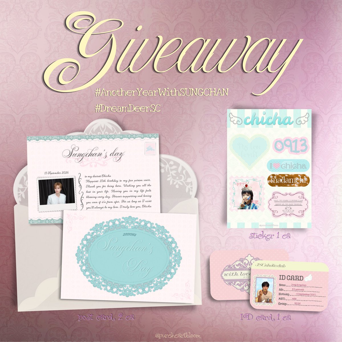 pureheartbloom's tweet photo. 🪷pls kindly rt ݁ ˖Ი𐑼⋆ 

꒰ঌ giveaway 𝒮𝓊𝓃𝑔𝒸𝒽𝒶𝓃 birthday ໒꒱

only for 30 sets
❥ postcard 4x6 2 ea
❥ sticker a6 1 ea
❥ ID card 1 ea

date : 12-13 Sep 2026
time : tba🪽
🫐rt &amp; show this tweet🫐

#AnotherYearWithSUNGCHAN
#DreamDeerSC
#HAPPYSUNGCHANDAY https://t.co/f0LTRGq1kM